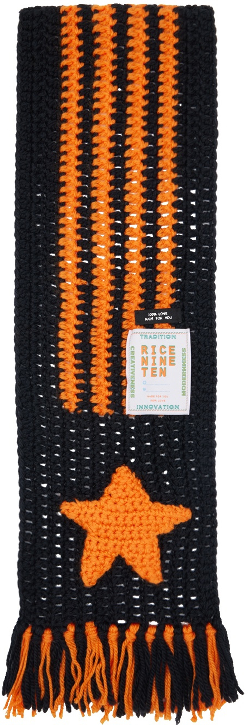 RICE NINE TEN Black & Orange Hand Knitted Crochet Scarf outlook