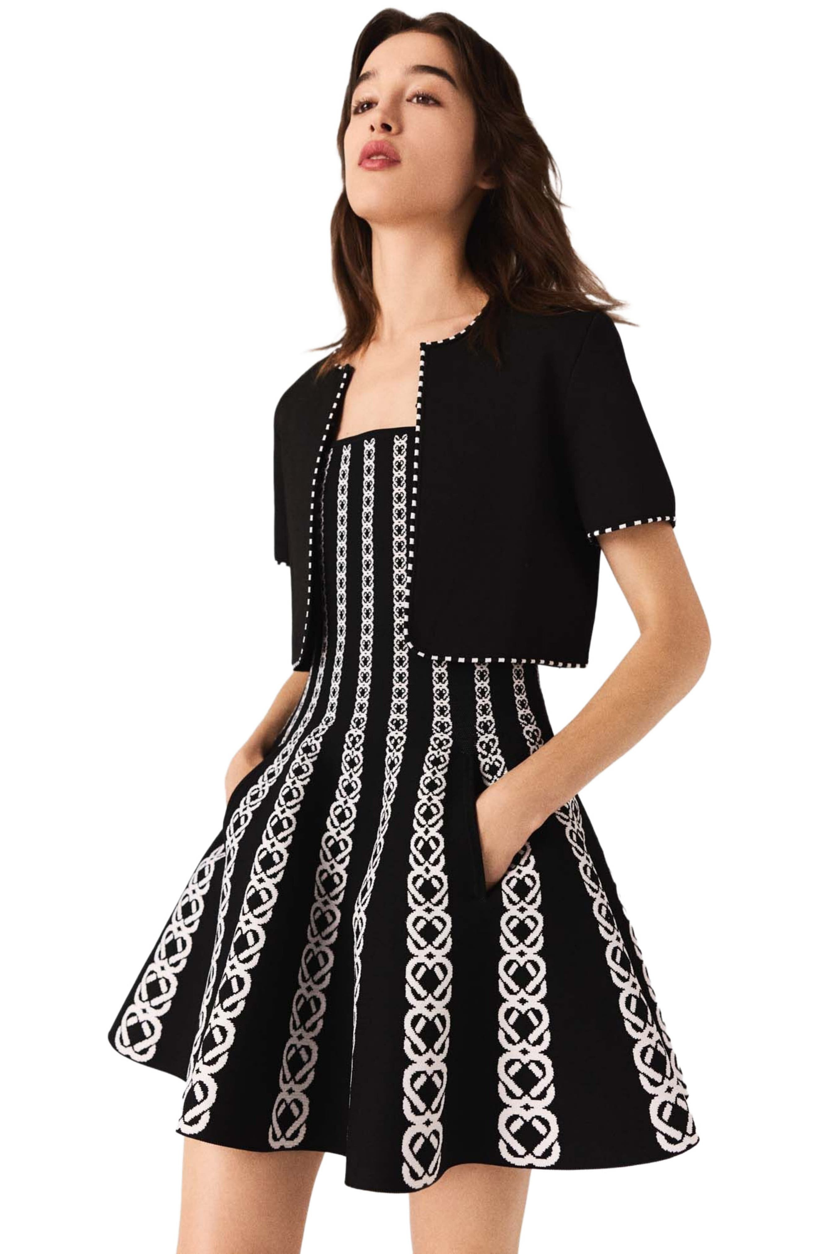 maje Cropped short sleeve cardigan in Black/ecru at Nordstrom - 4
