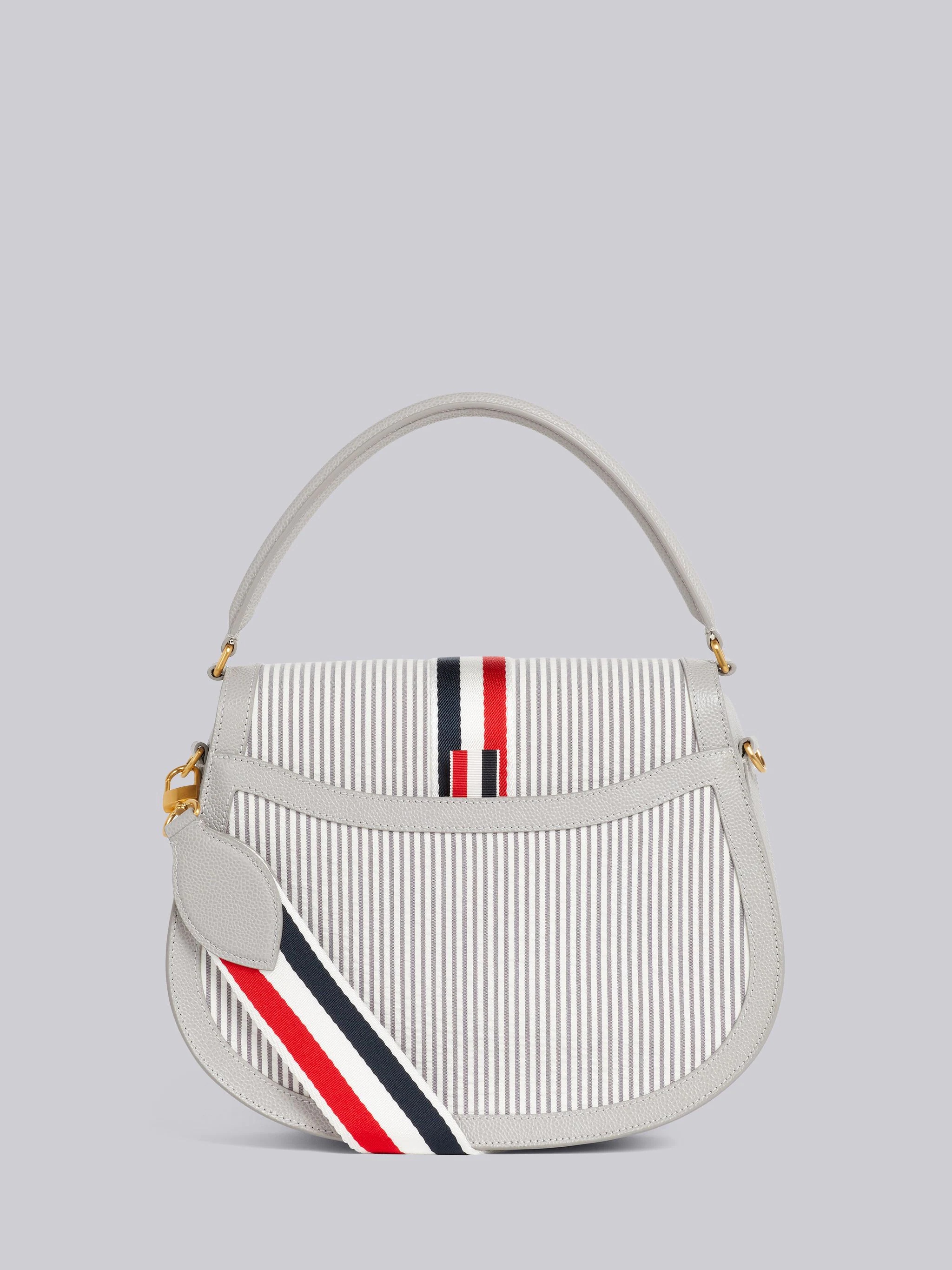 Medium Grey Stripe Seersucker Webbing Strap Enamel Lock Large Saddle Shoulder Bag - 4