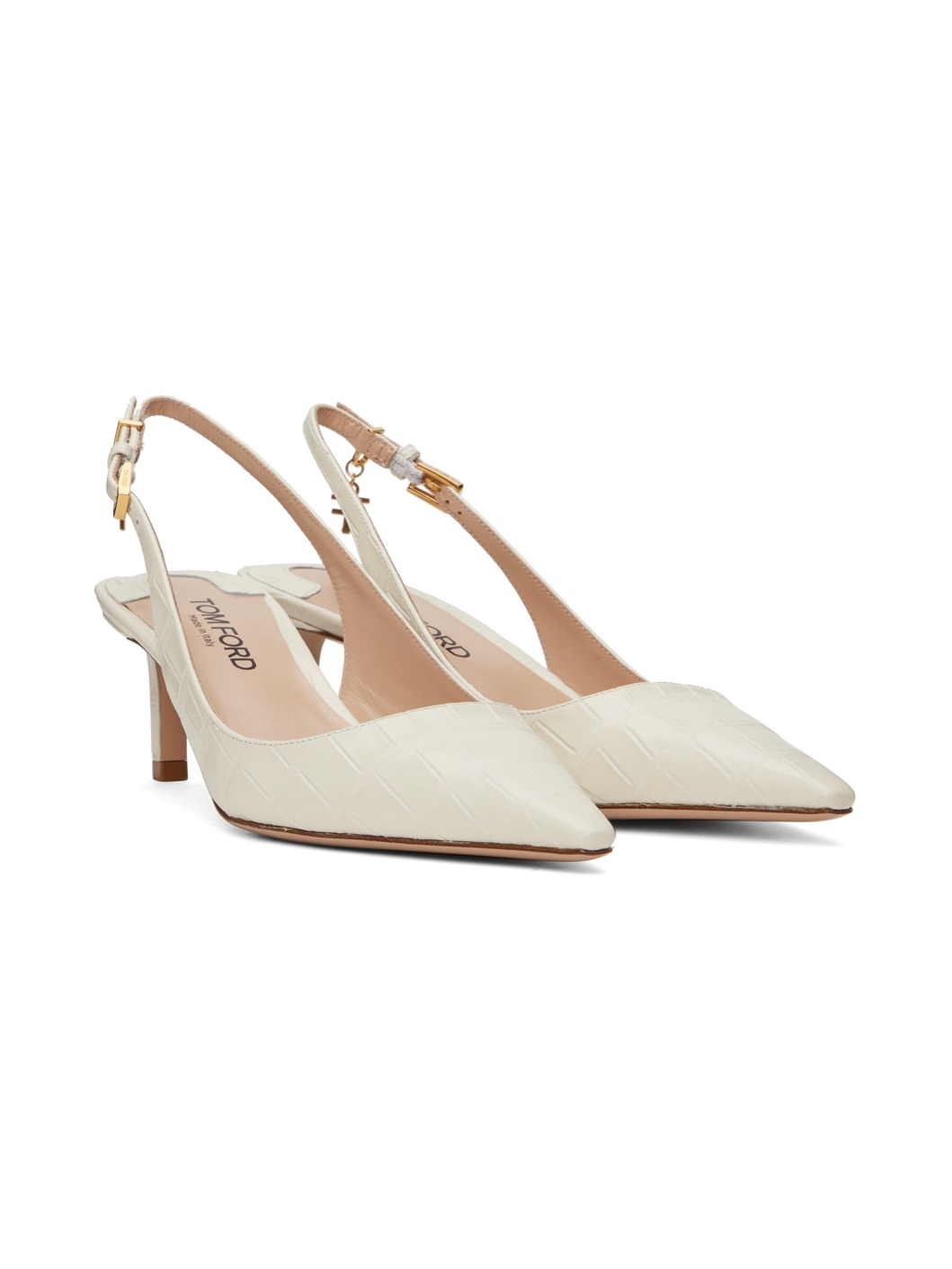 White Stamped Croc Slingback Heels - 4