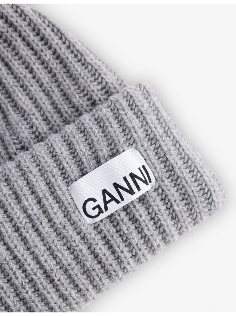 GANNI Logo-Patch Wool-Blend Beanie Hat outlook
