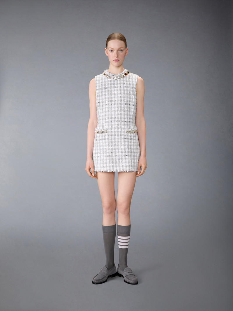 Thom Browne GINGHAM SATIN RIBBON TWEED MINI PENCIL DRESS WITH SWAROVSKI CRYSTAL outlook
