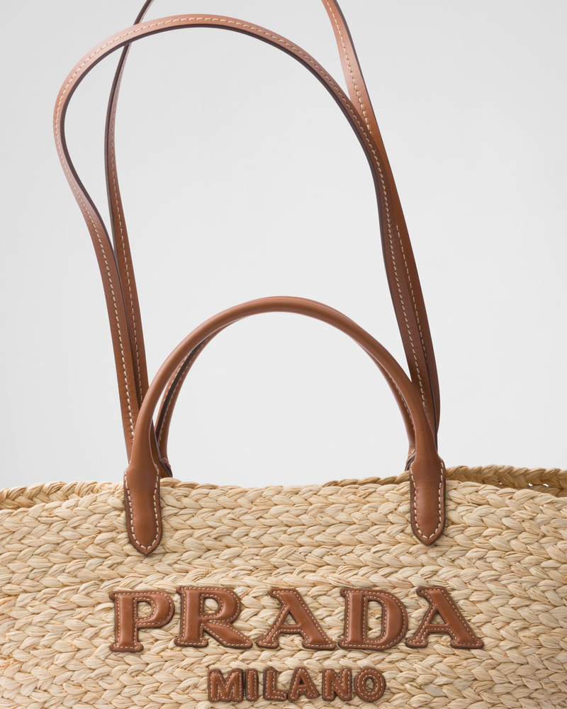 Large woven fabric and leather tote bag 5