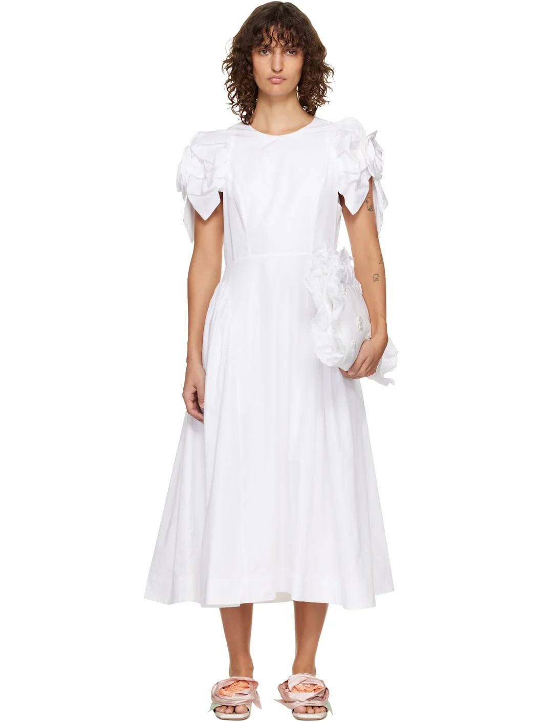 White Rose Puff Sleeve Hip Midi Dress - 1