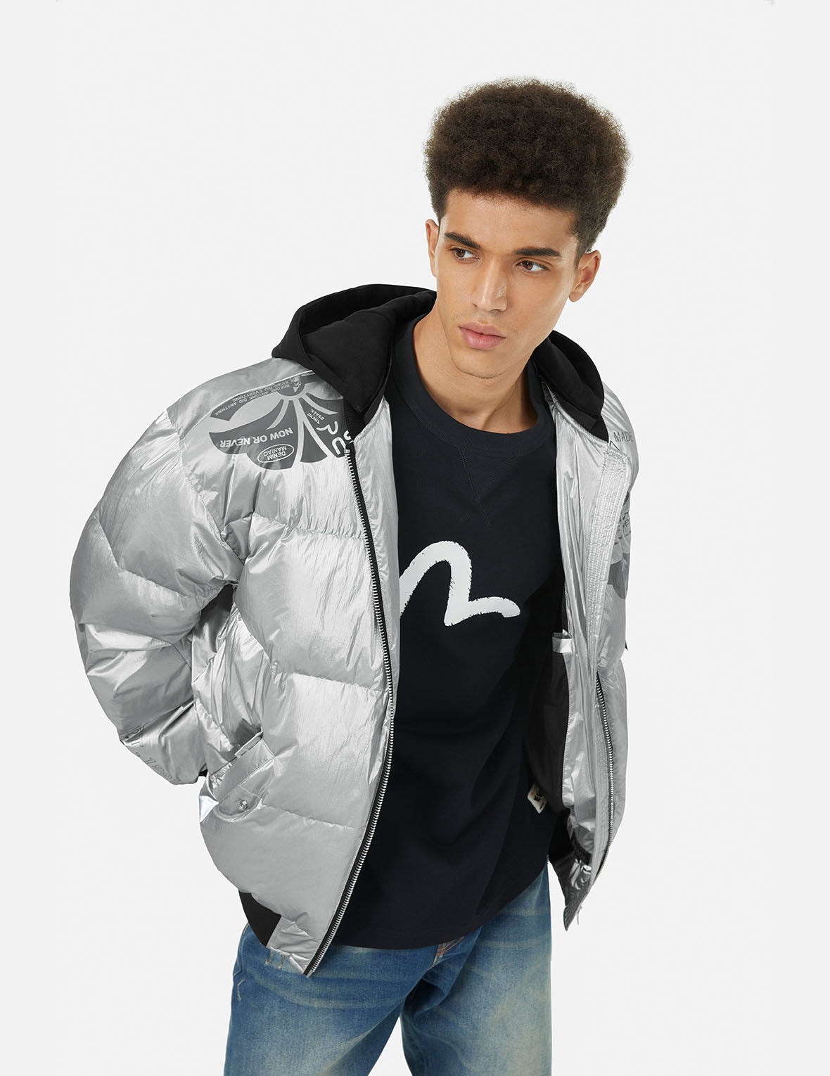 Logo and Kamon Print Bomber Down Jacket - 5