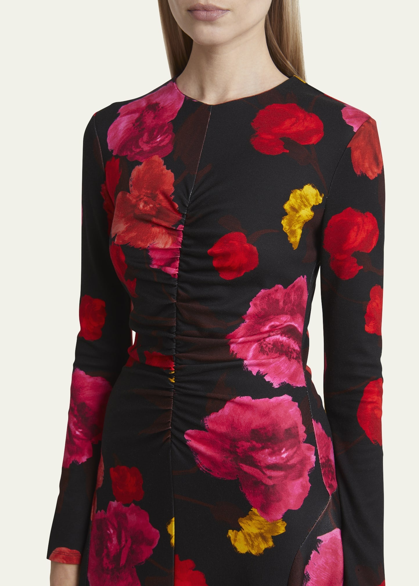 Ruched Floral Long-Sleeve Midi Dress - 5