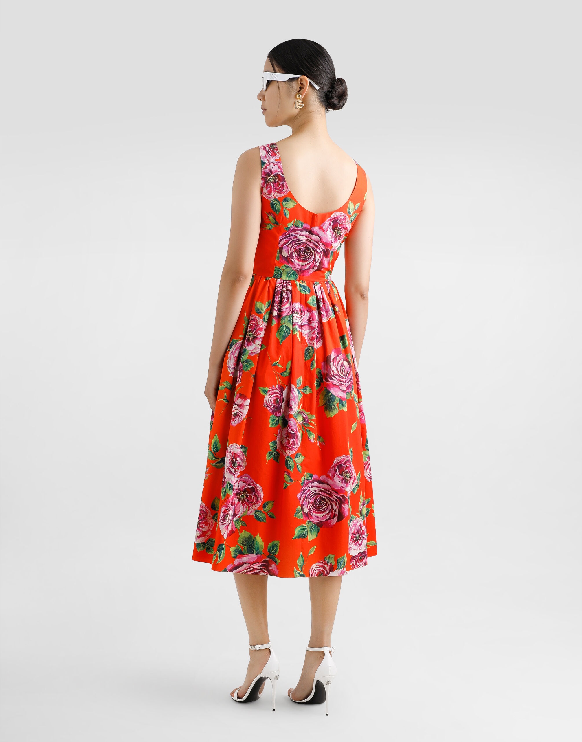 Cotton calf-length babydoll dress with rose print - 3