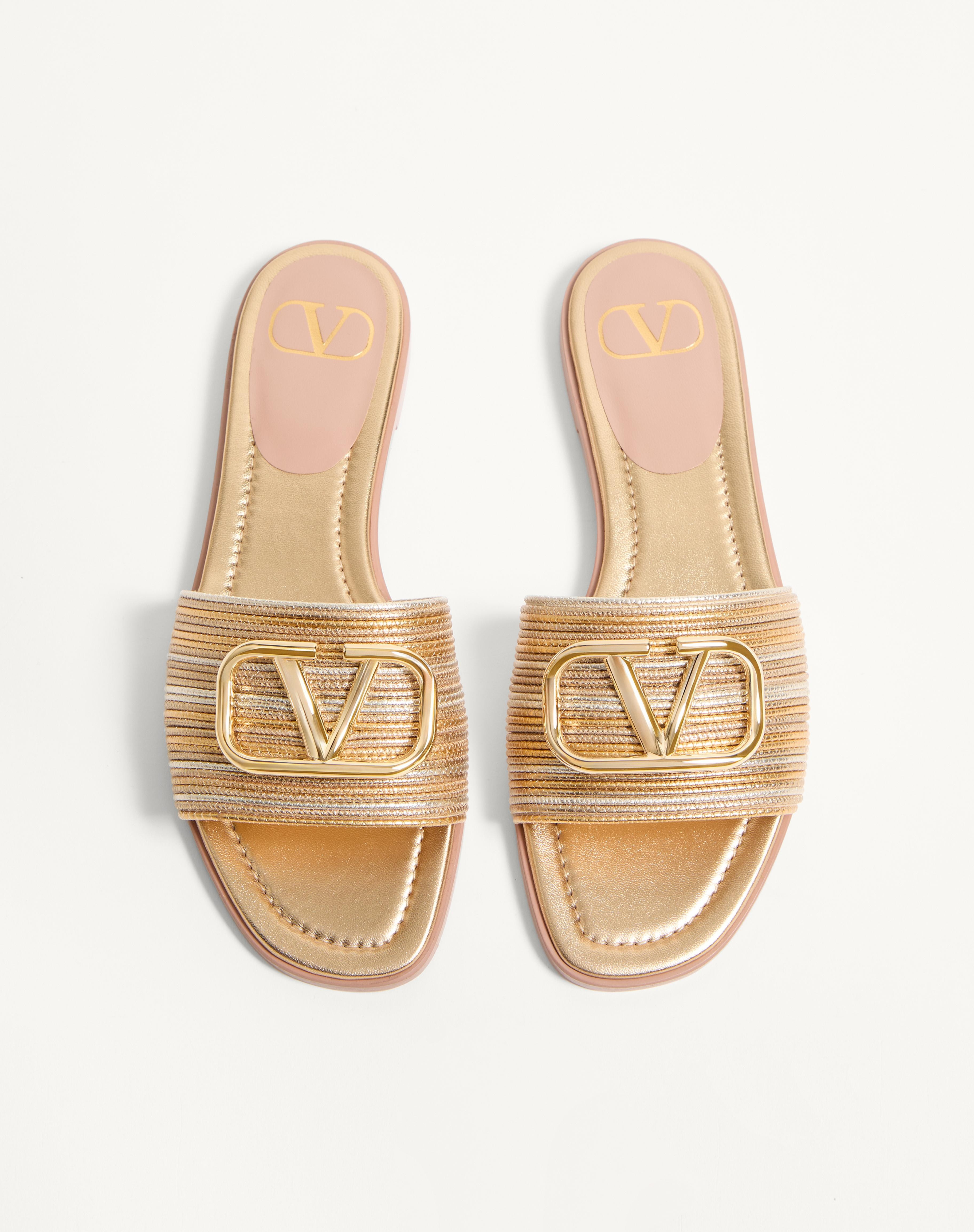 VLOGO SIGNATURE METALLIC LEATHER SLIDE SANDAL WITH CORNELY EMBROIDERY - 4