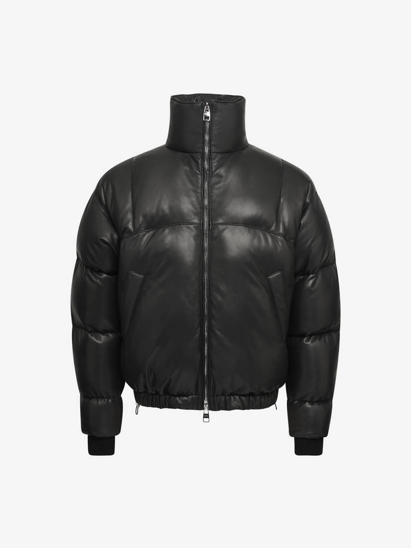Men's Leather Puffer Jacket in Black - 1