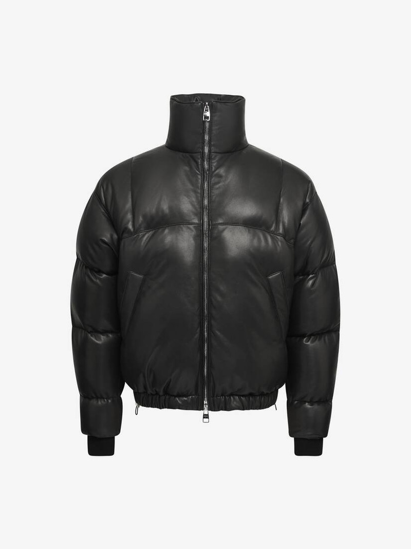 Men's Leather Puffer Jacket in Black - 1