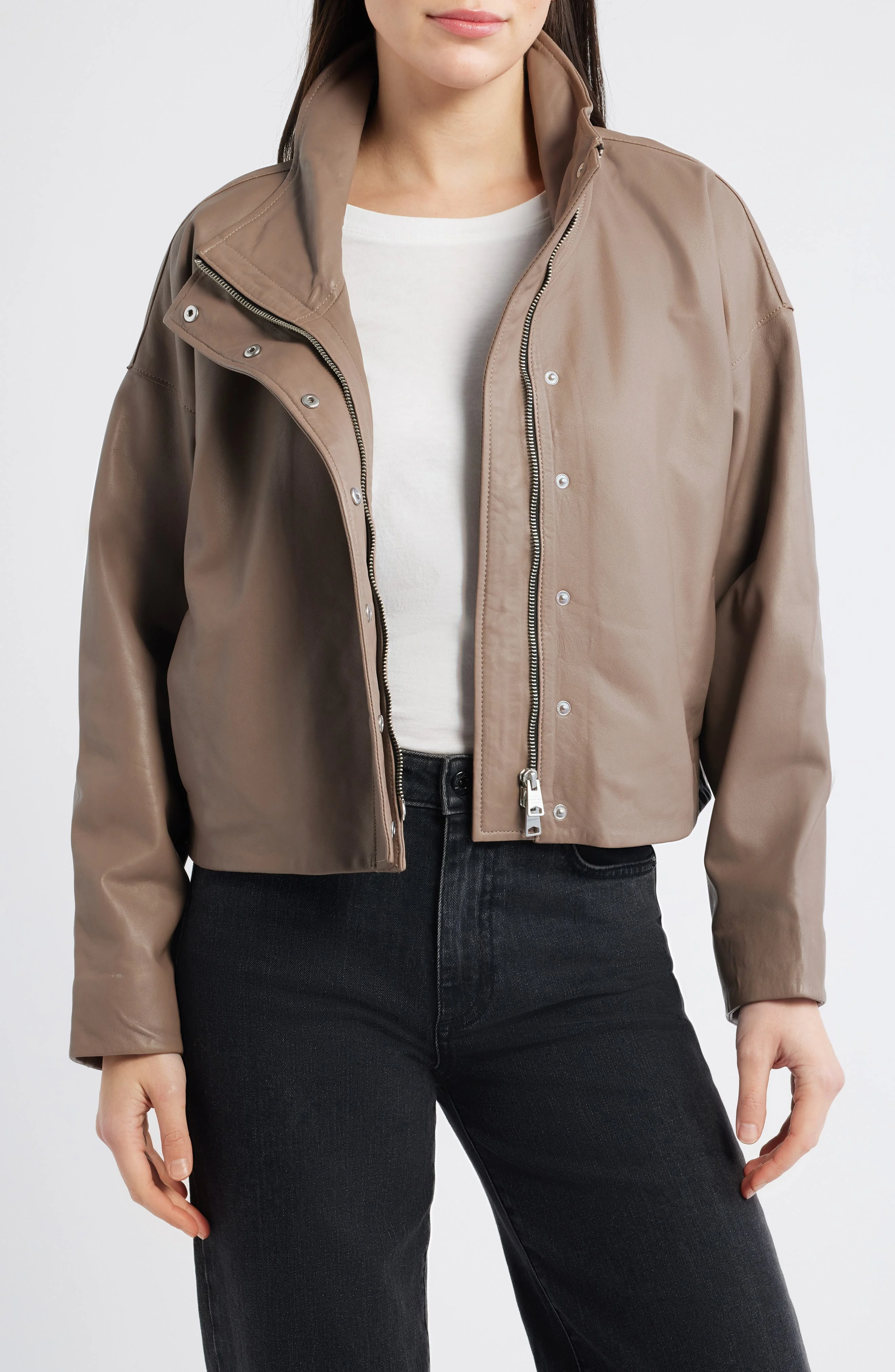 AllSaints Ryder Crop Leather Jacket in Mocha Brown at Nordstrom - 1