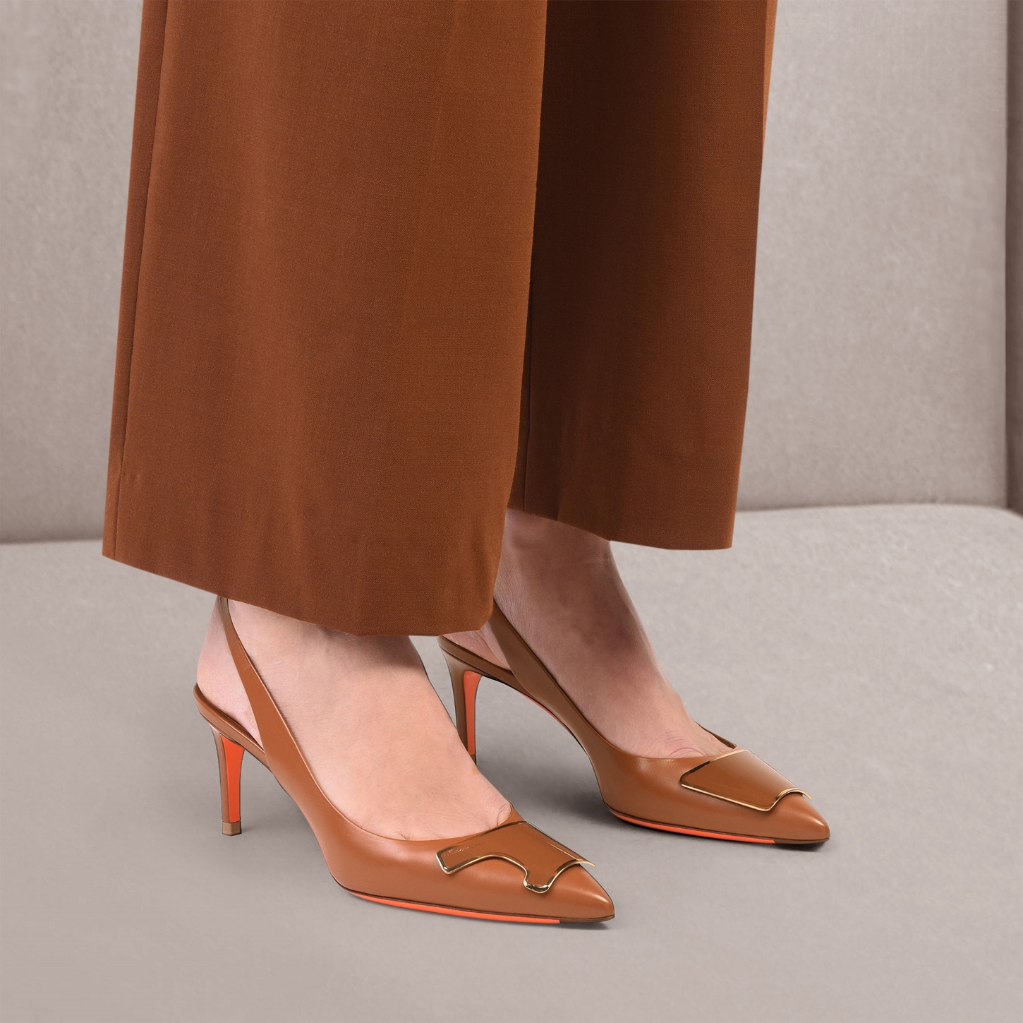 Women's brown leather mid-heel Santoni Sibille slingback - 2