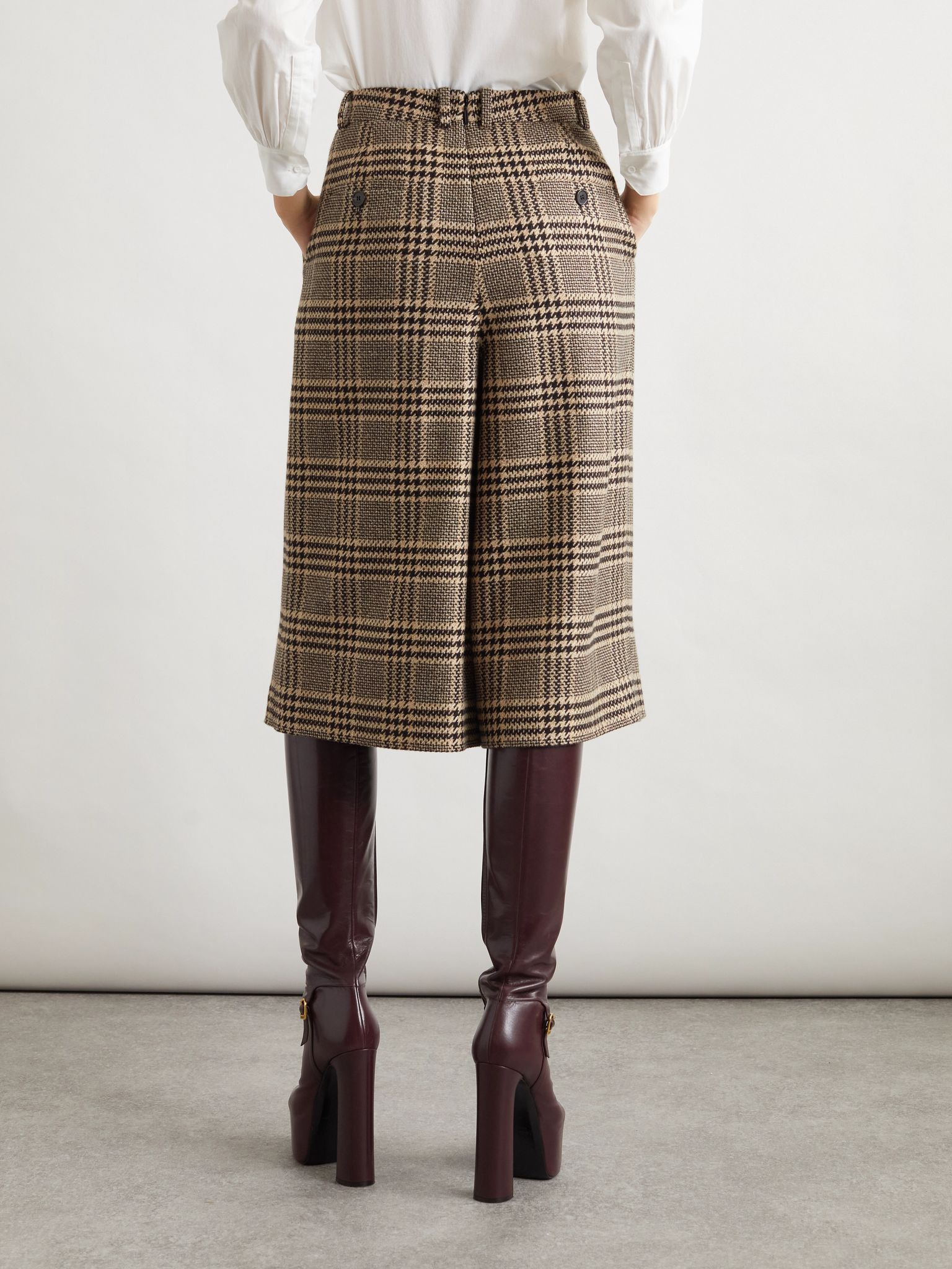 Prince of Wales silk and cashmere-blend tweed wide-leg shorts Brown - 4