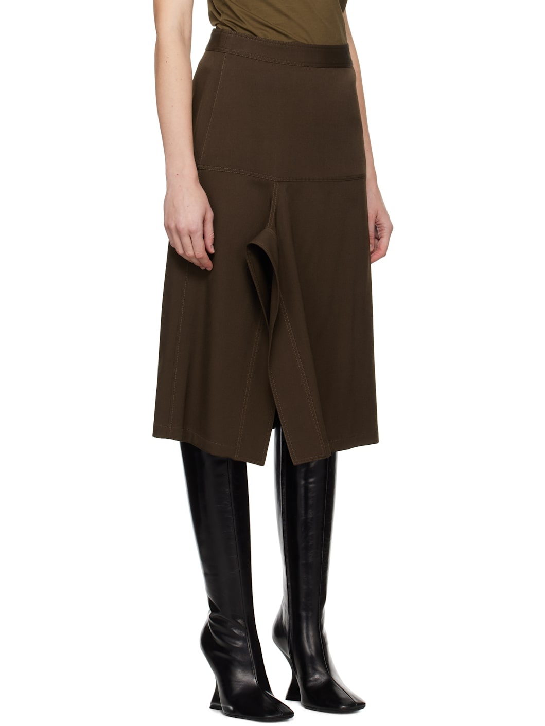 Brown Asymmetrical Wrapover Midi Skirt - 2