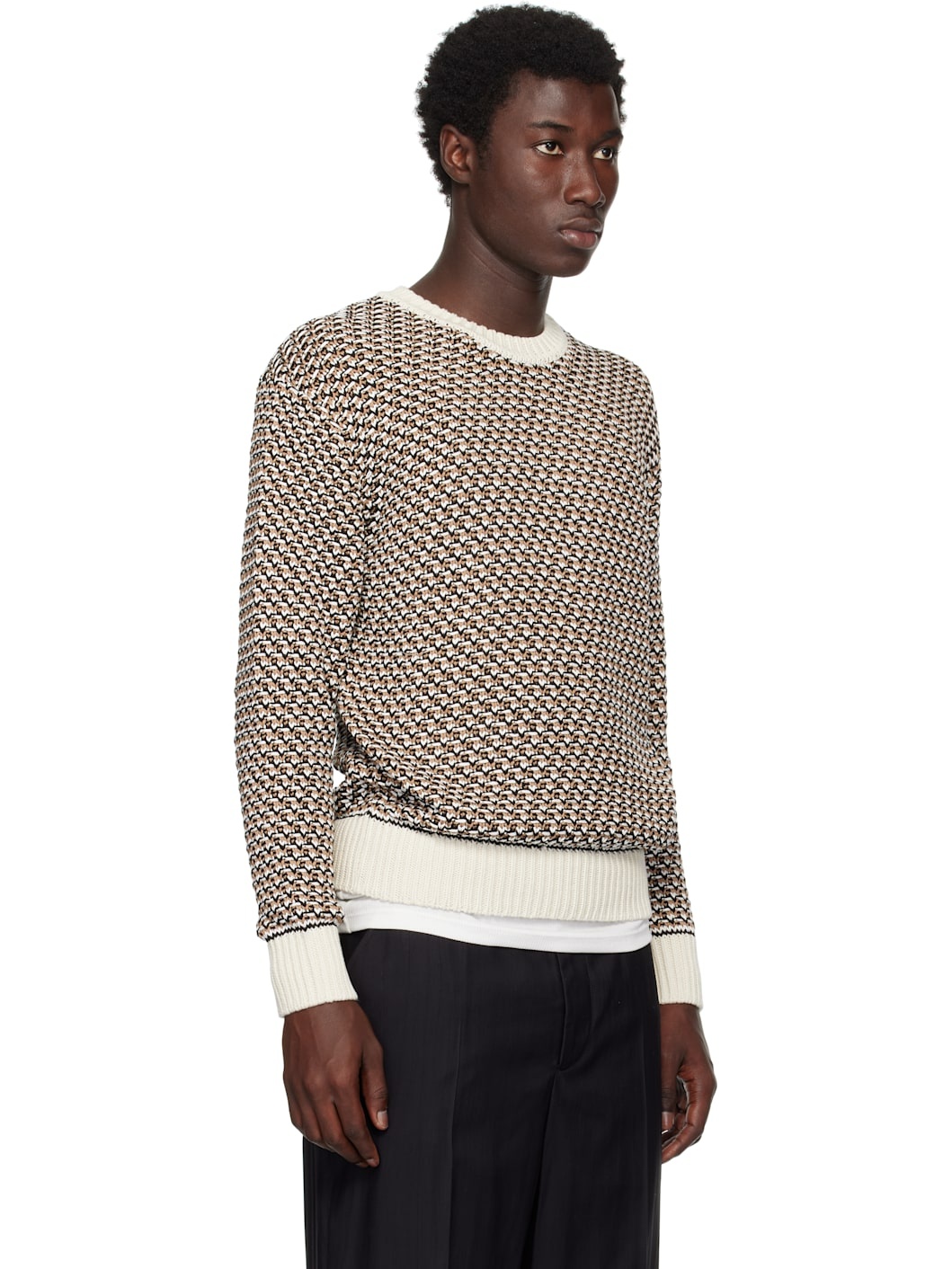 Beige Cotton Rich Knitted Structure Sweater - 2