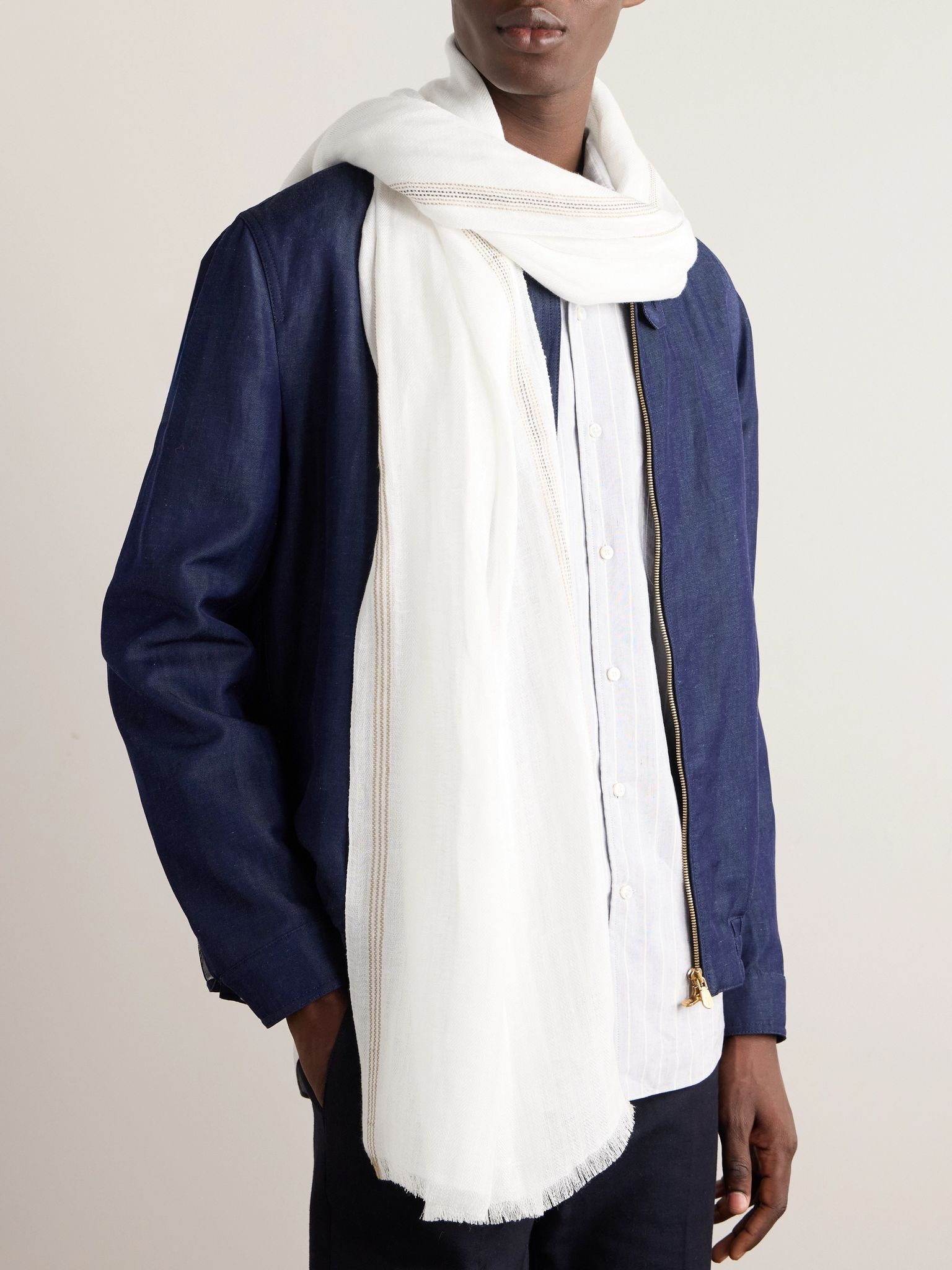 Zamami Embroidered Herringbone Linen Scarf White - 2