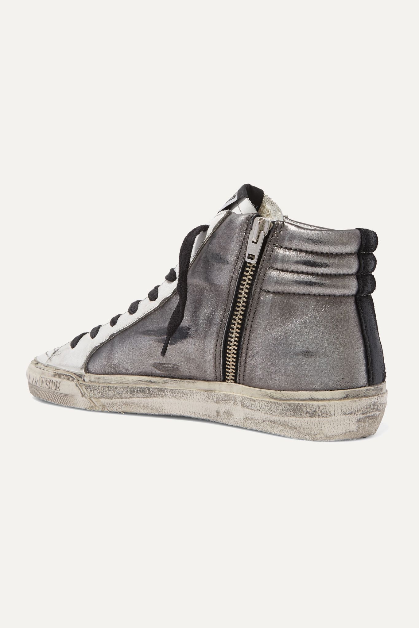 Slide distressed suede-trimmed leather and Lurex high-top sneakers - 4