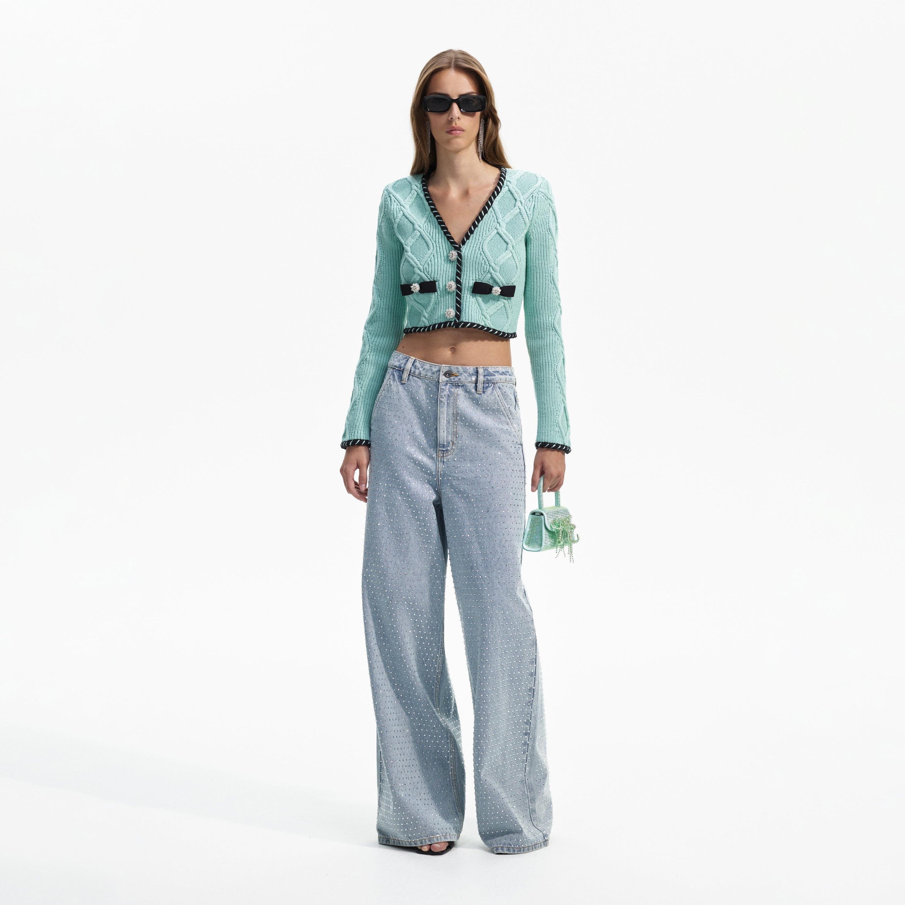 Mint Cable Knit Cropped Cardigan - 1