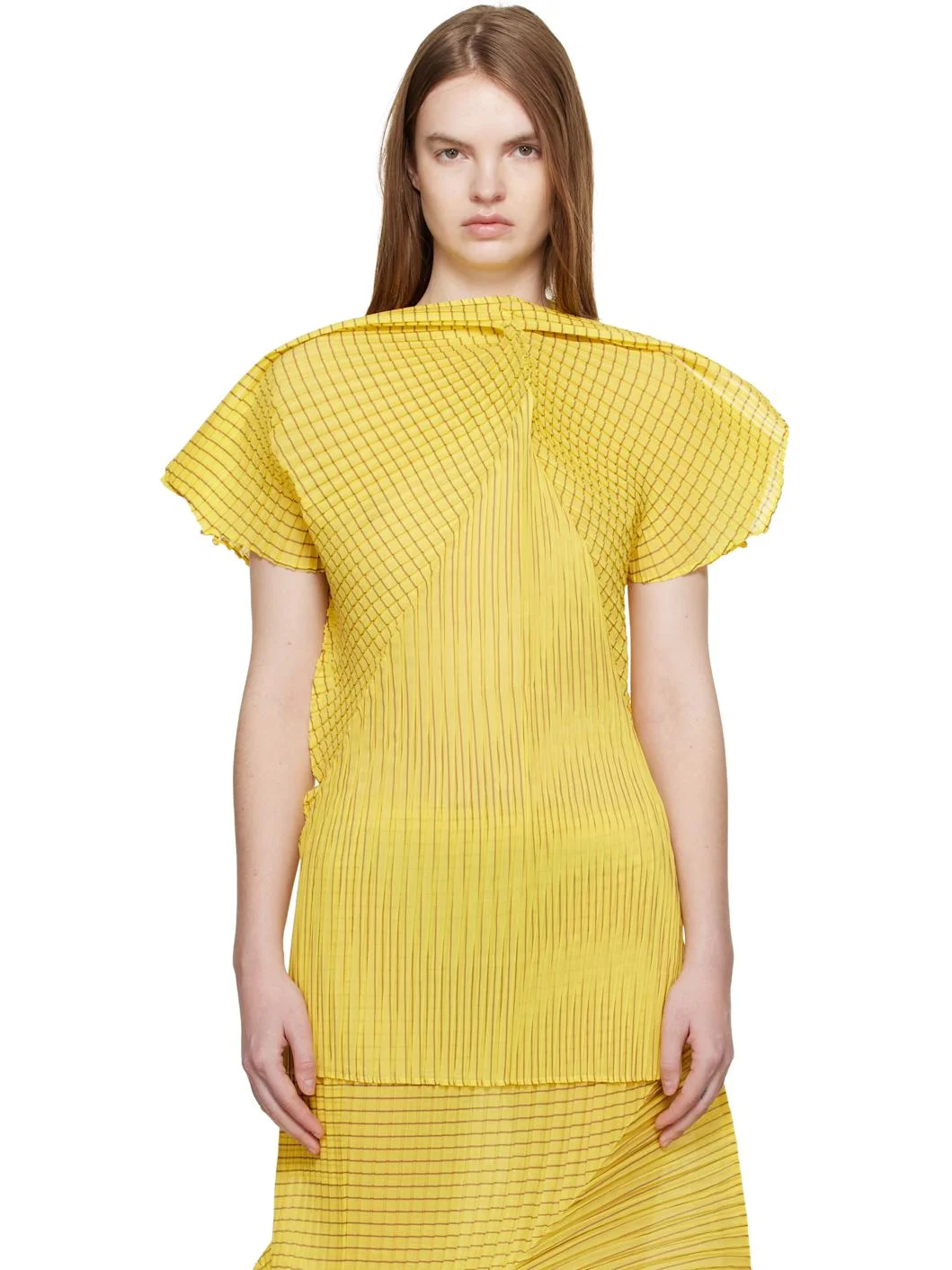 Yellow Generic Stripes Machine Pleats Blouse - 1