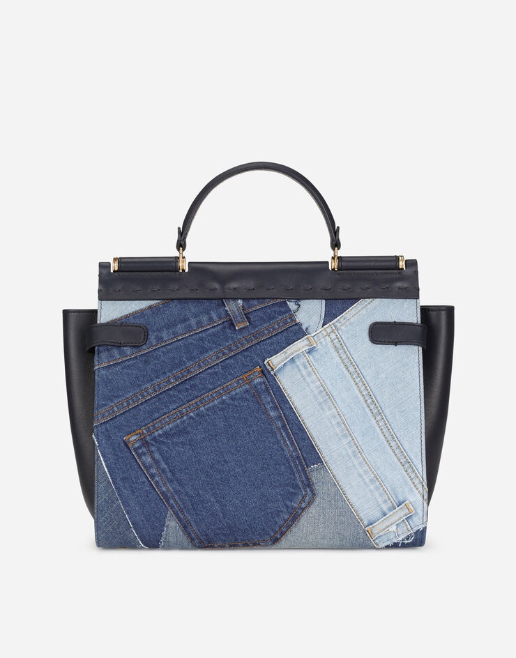 Large Sicily 62 soft bag in patchwork denim and calfskin - 4