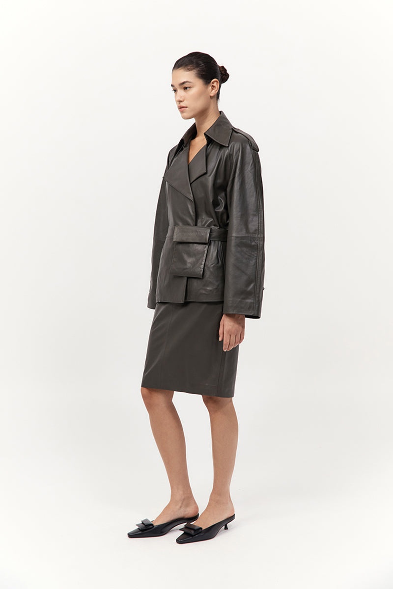 Cropped Leather Trench - Khaki - 5