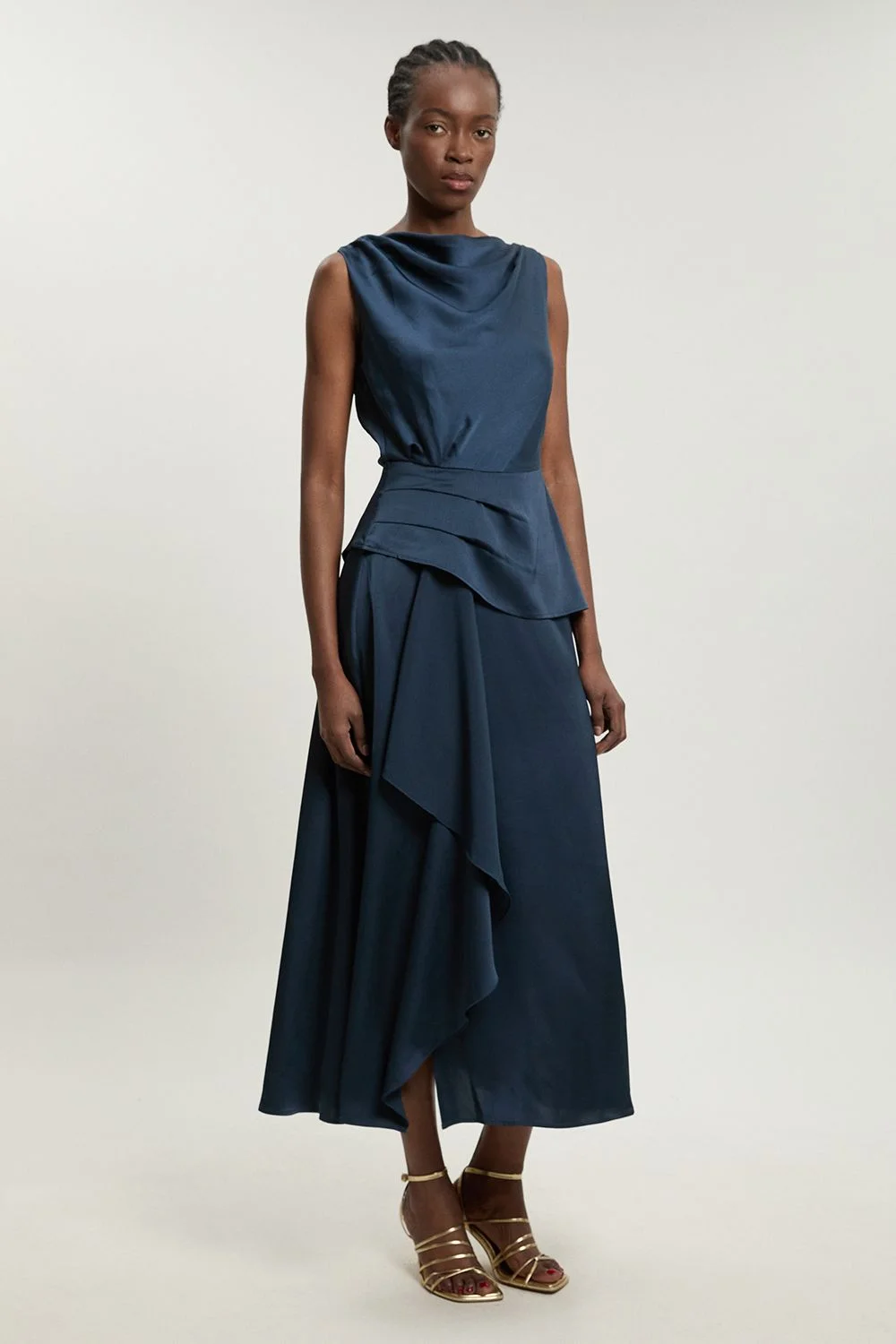 Textured Satin Ruffle Detail Sleeveless Midi Dress - 1