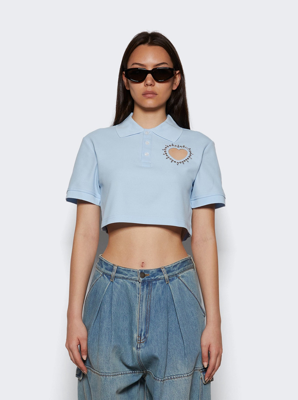 Crystal Heart Cut Out Cropped Polo Baby Blue - 2