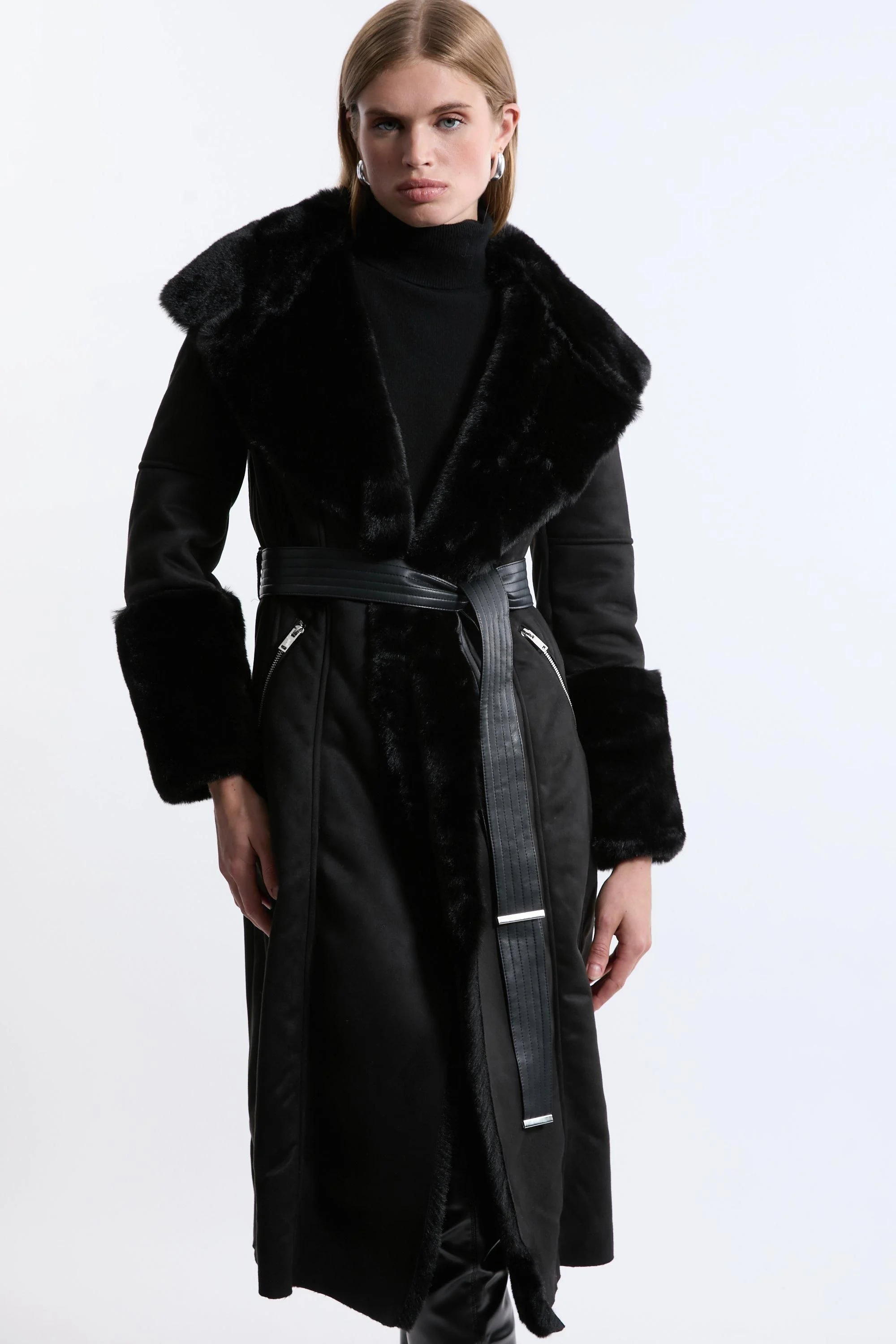 Faux Shearling Collar & Cuff Belted Midi Coat - 1