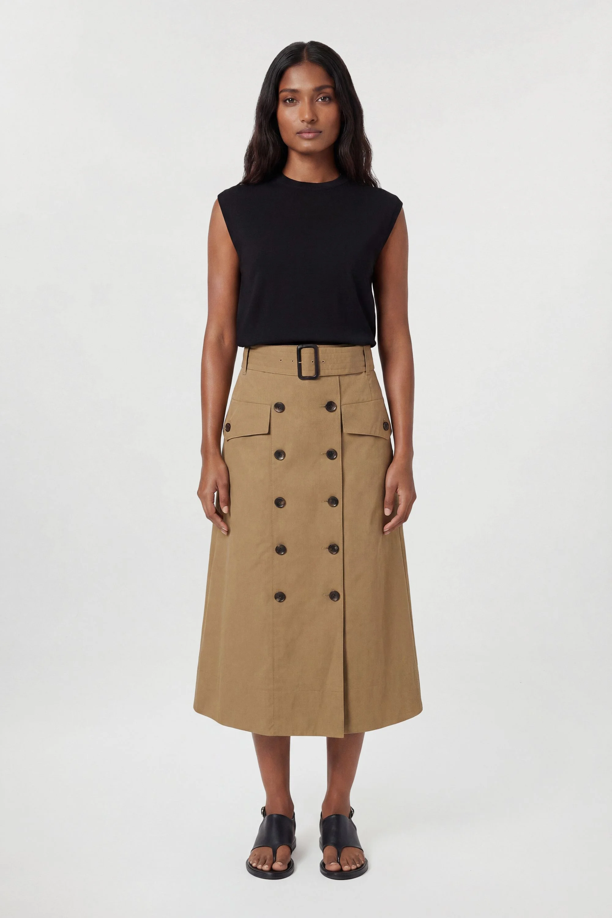 Tailored Cotton Trench Button Front Pleated Skirt - 1