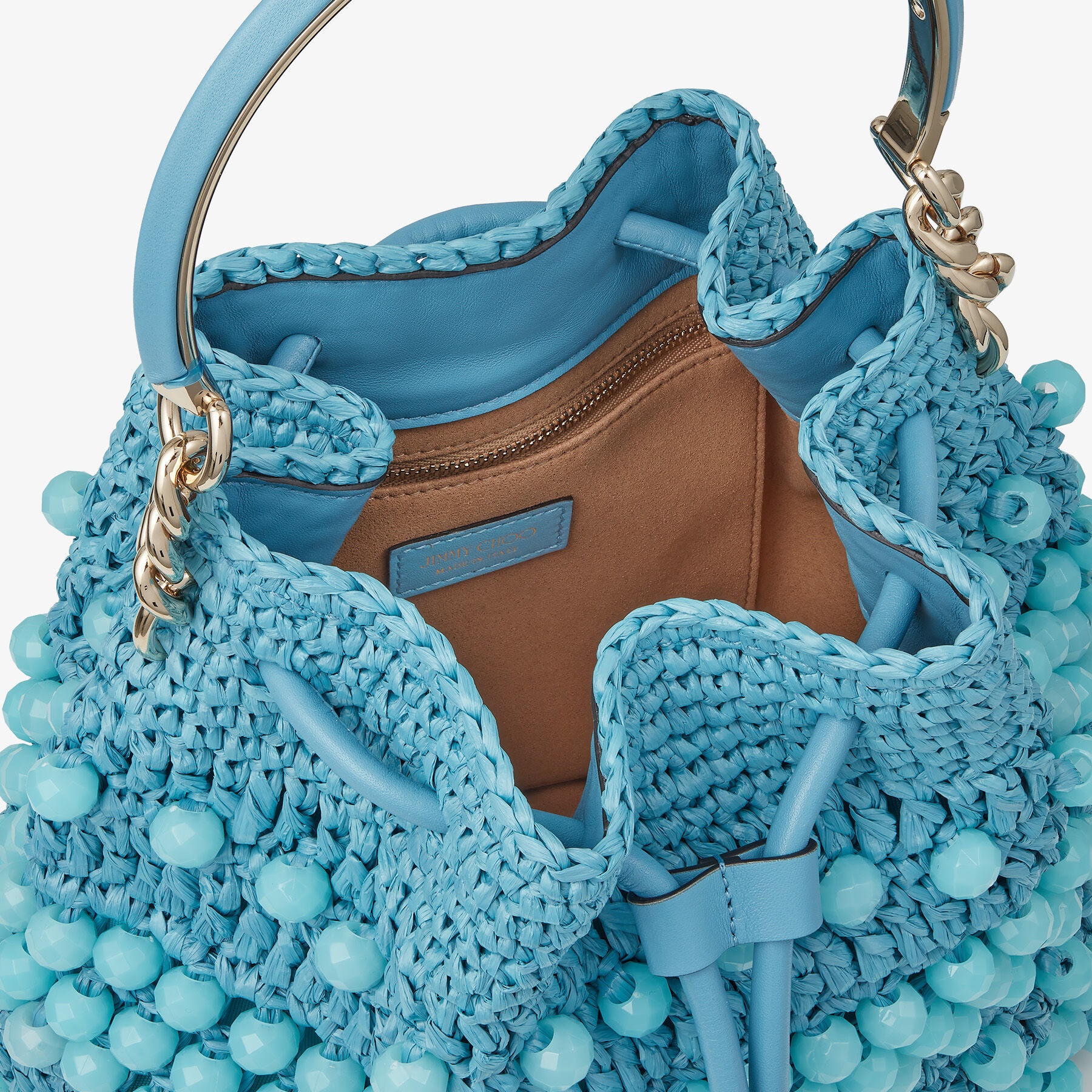 Bon Bon Bucket
Malibu Beaded Raffia and Smooth Leather Bucket Bag - 3
