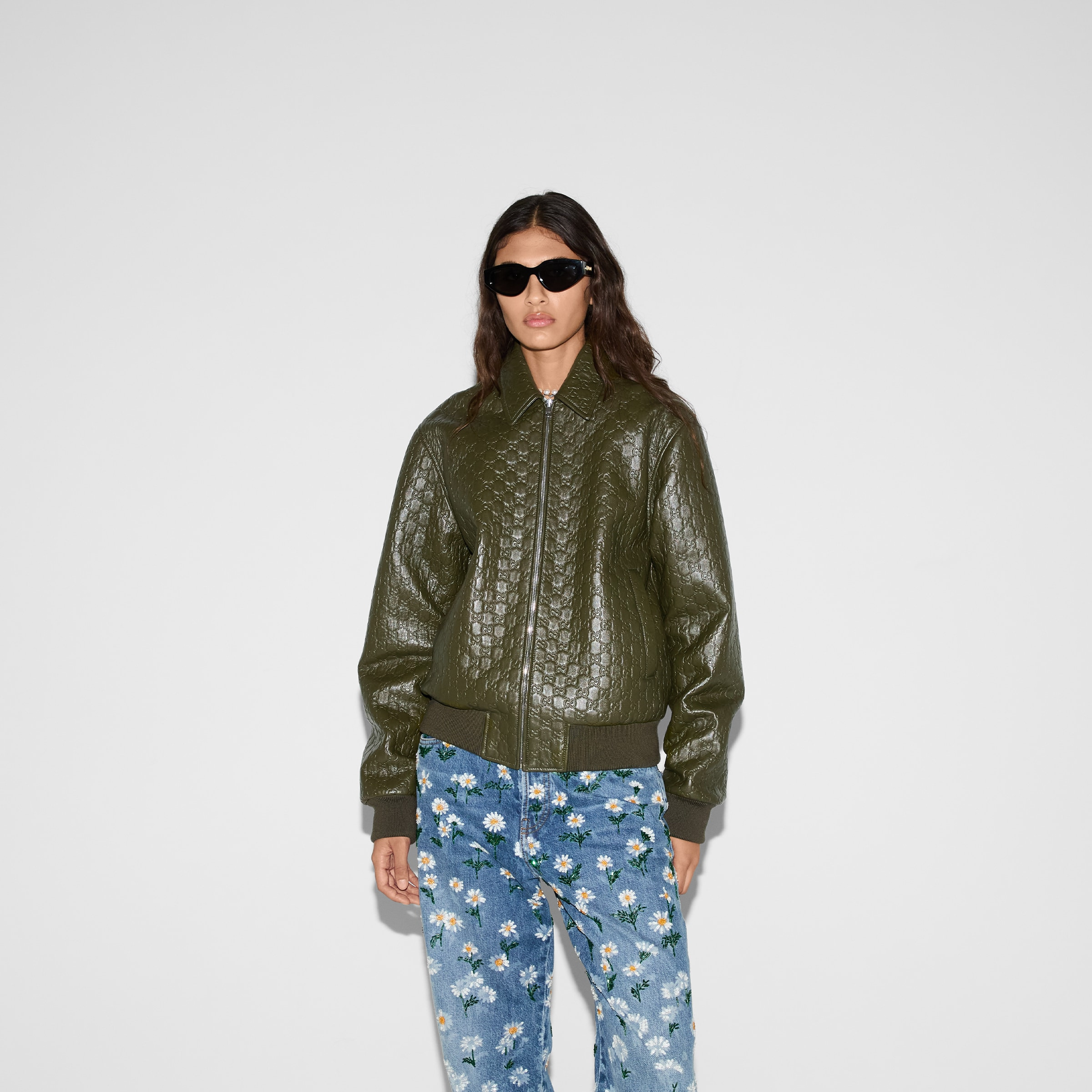 GG embossed leather bomber jacket - 3