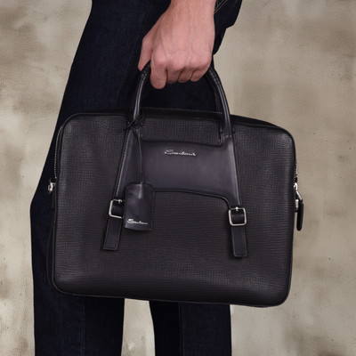 Santoni Black embossed leather briefcase outlook