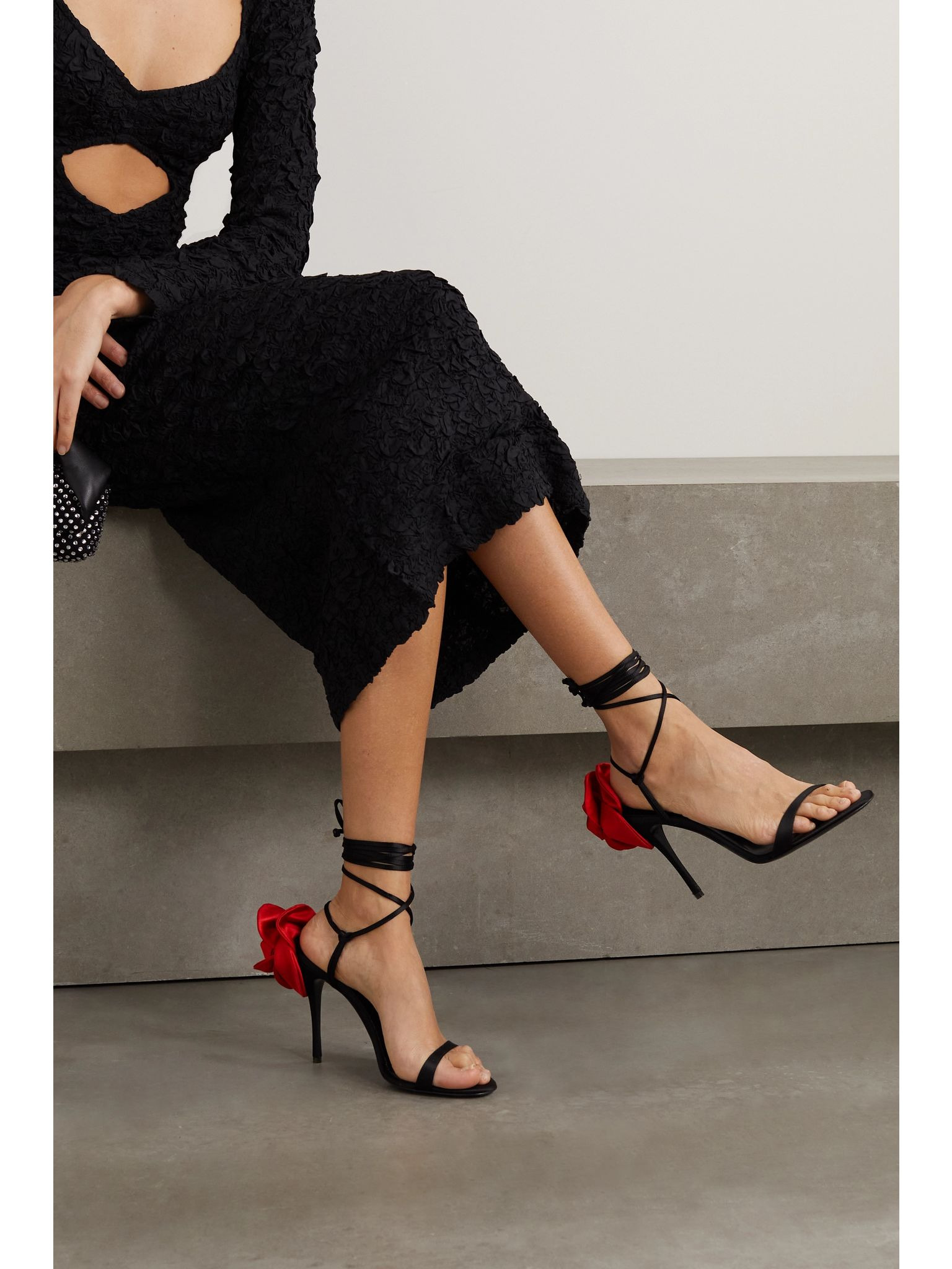 Appliquéd lace-up satin sandals Black - 2