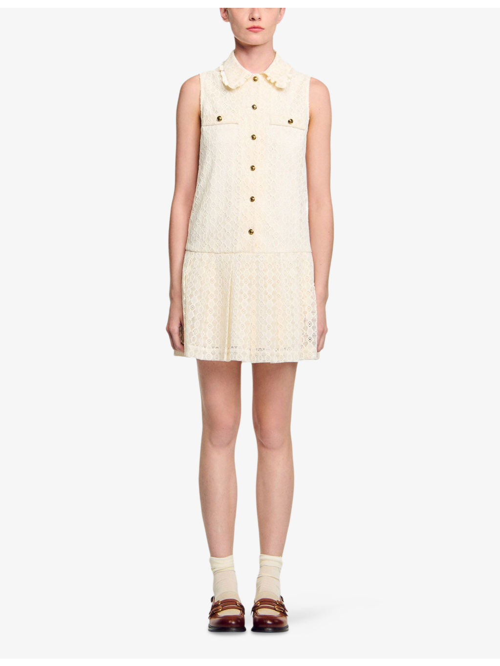 Sleeveless Chest-Pocket Lace Mini Dress - 2