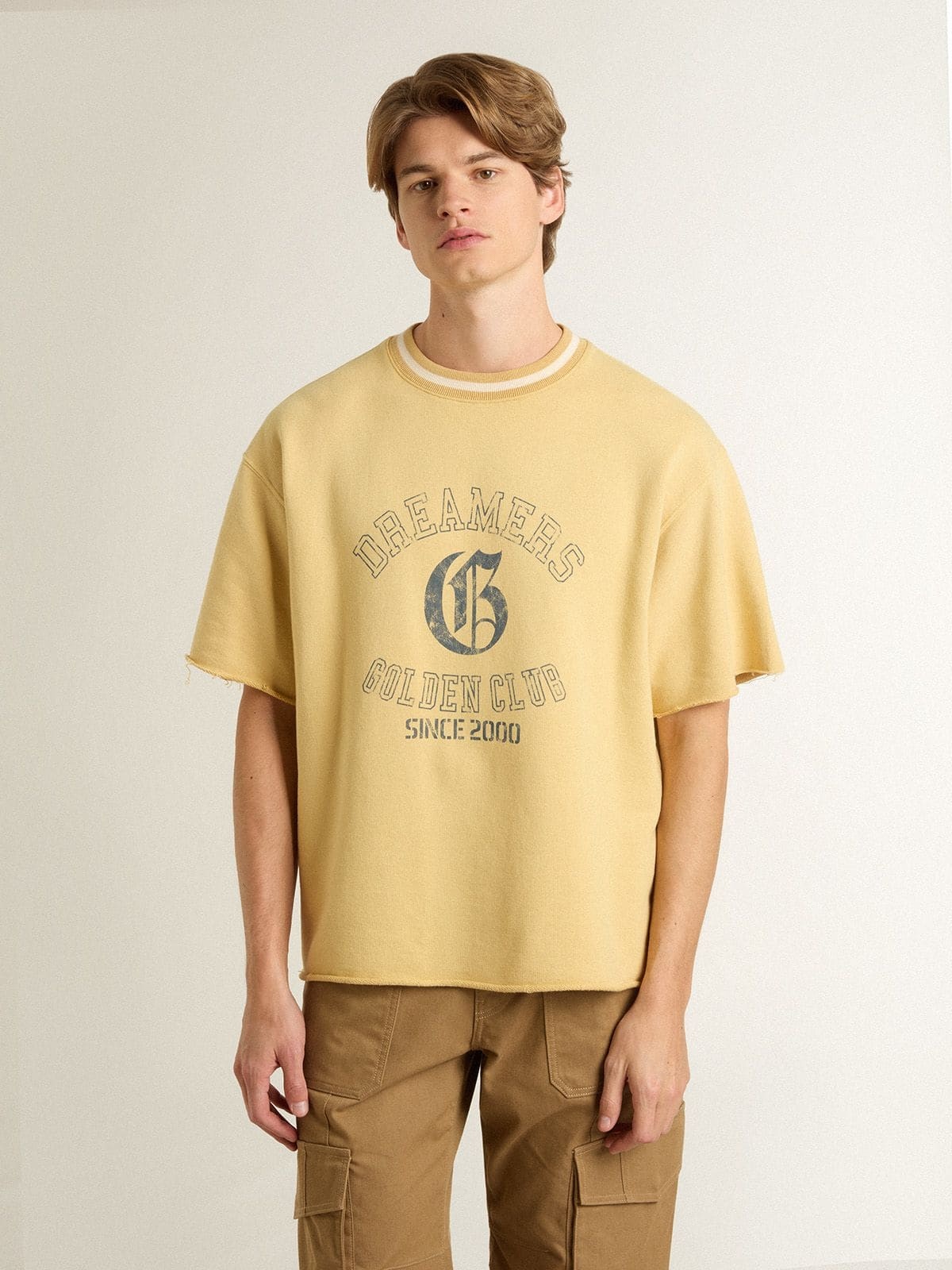 Men's oversized yellow cotton T-shirt with blue print - 2