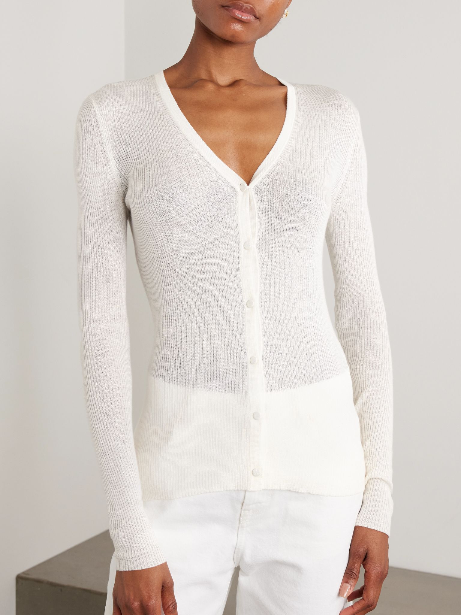 Aiste ribbed cashmere, silk and hemp-blend cardigan Ivory - 3