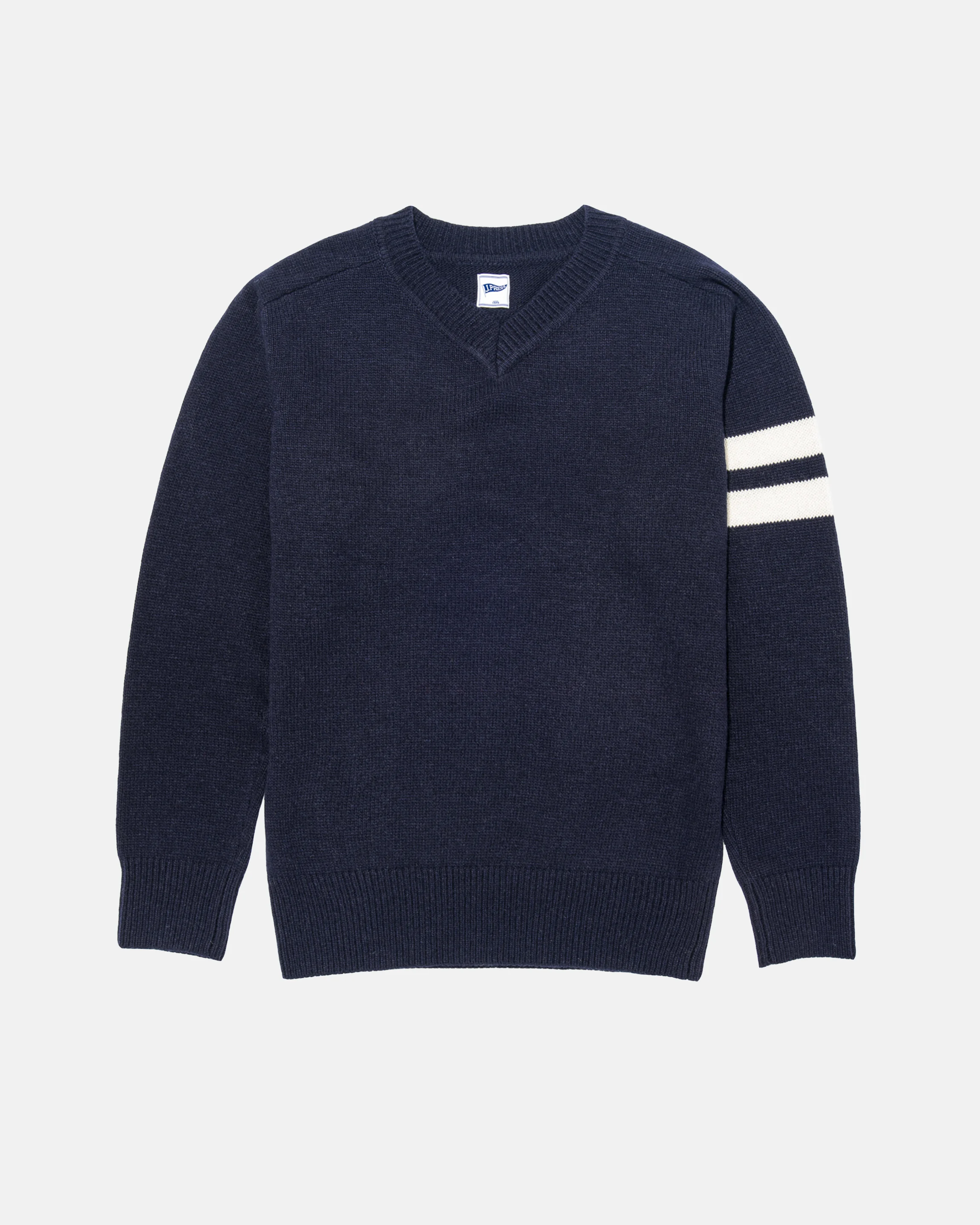 NAVY WOOL SLEEVE STRIPE V-NECK SWEATER - TRIM FIT - 1