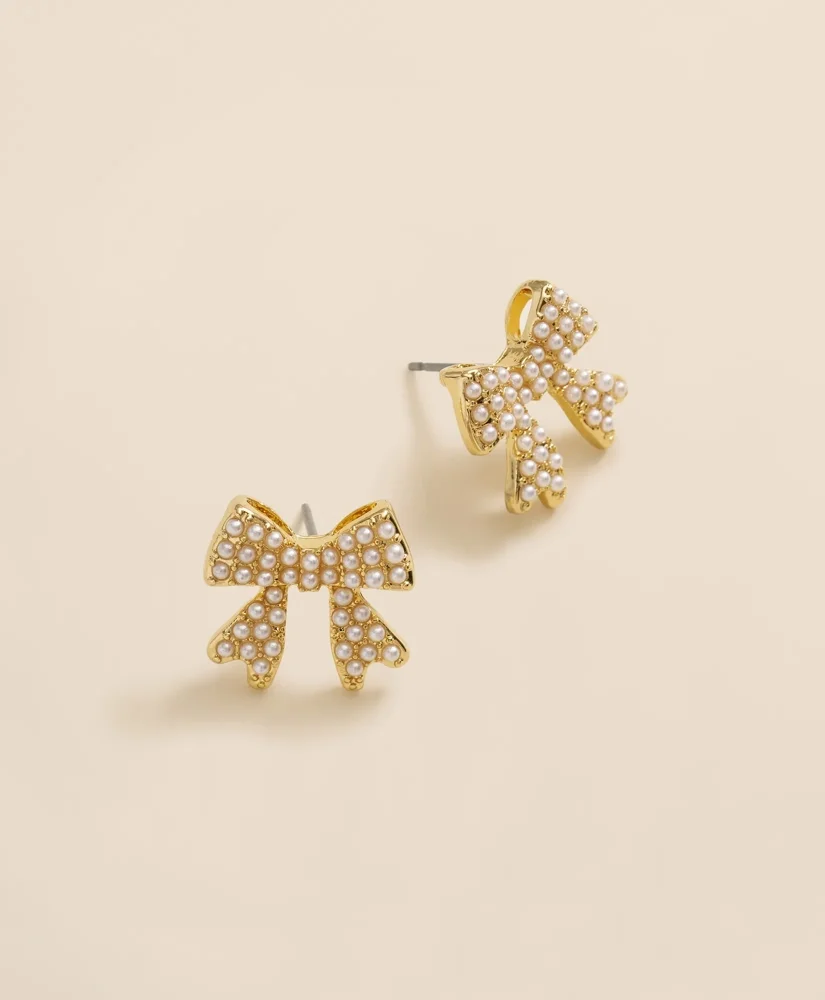 Faux-Pearl Bow Stud Earrings - 1