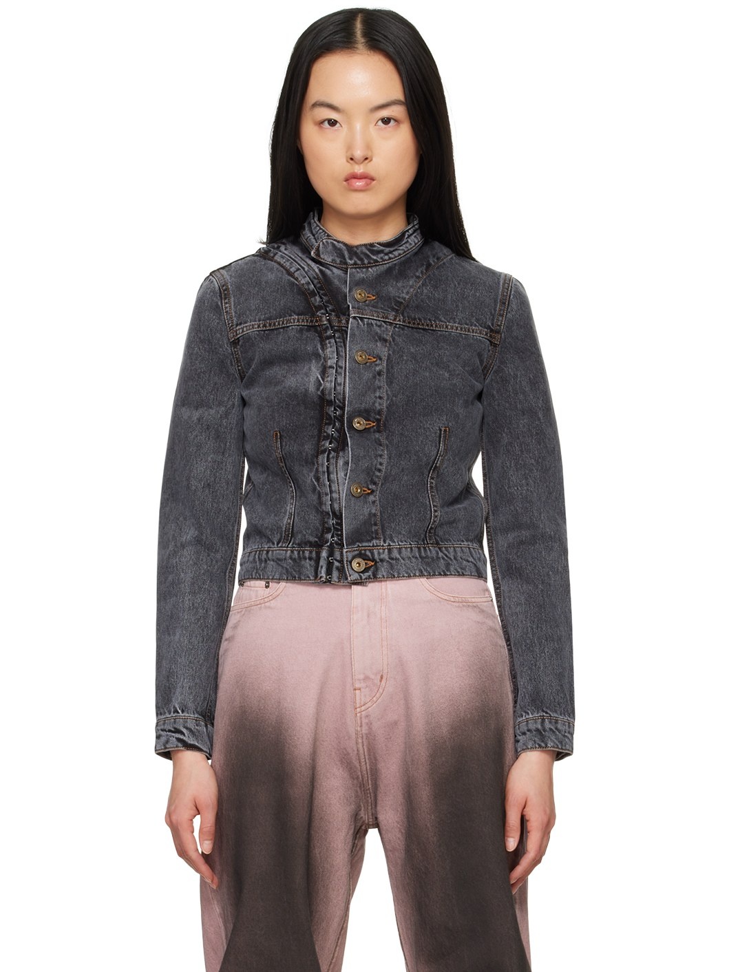 Black Hook-Eye Denim Jacket - 1