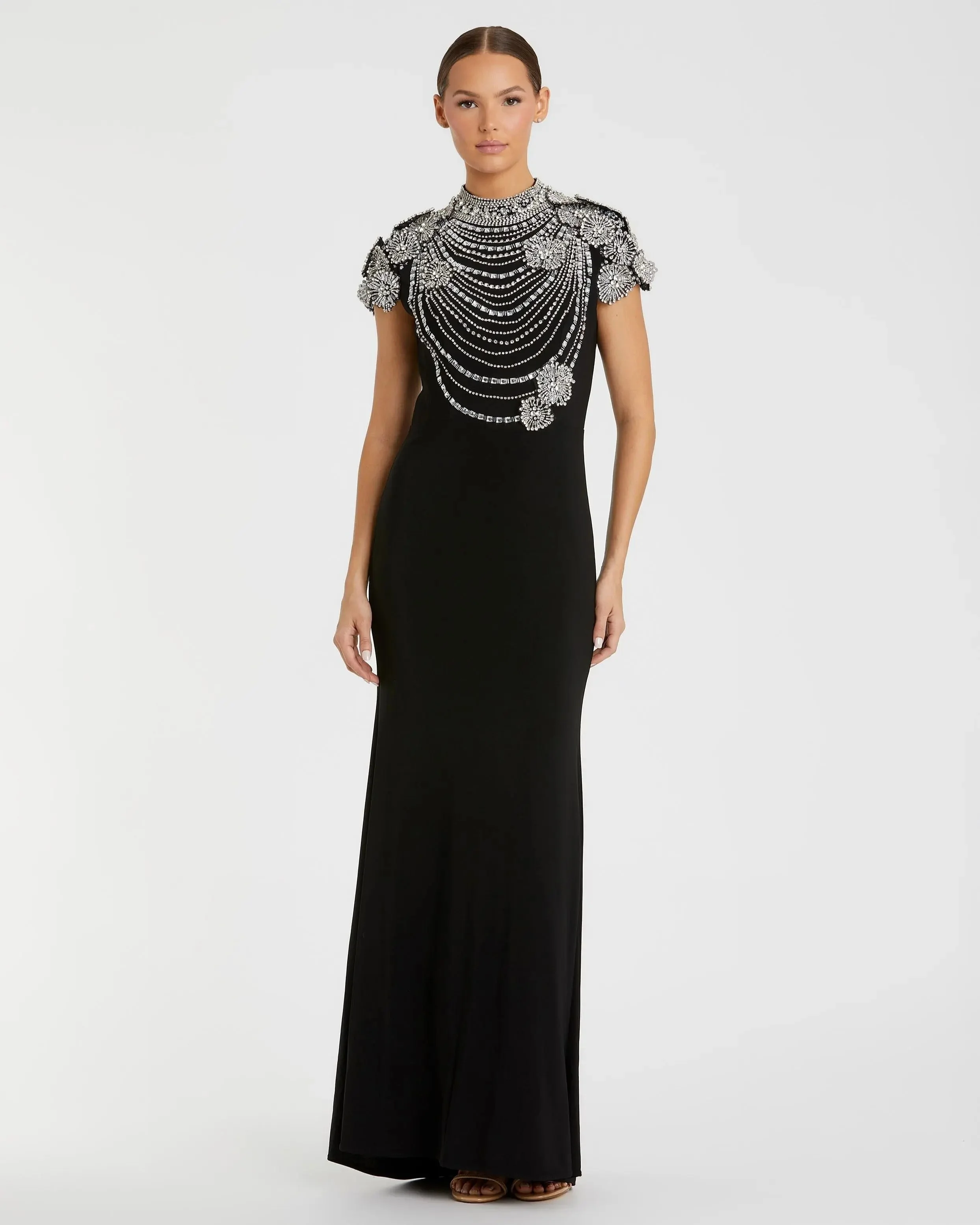 Black High Neck Embellished Column Gown - 1