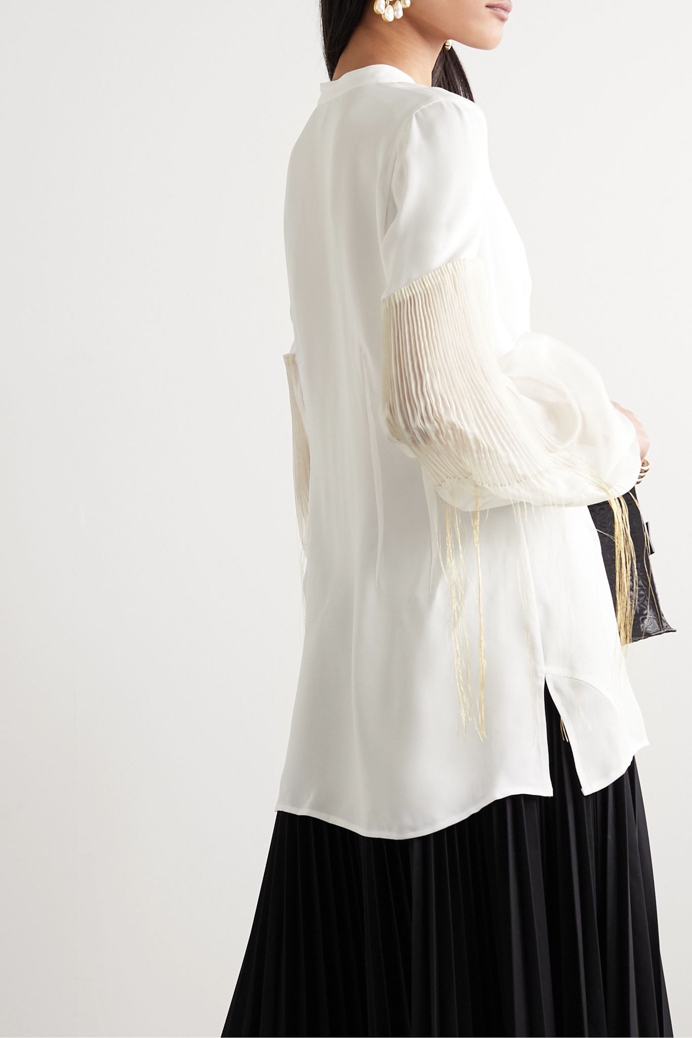 Crepe de chine and pleated embroidered silk-chiffon blouse - 4