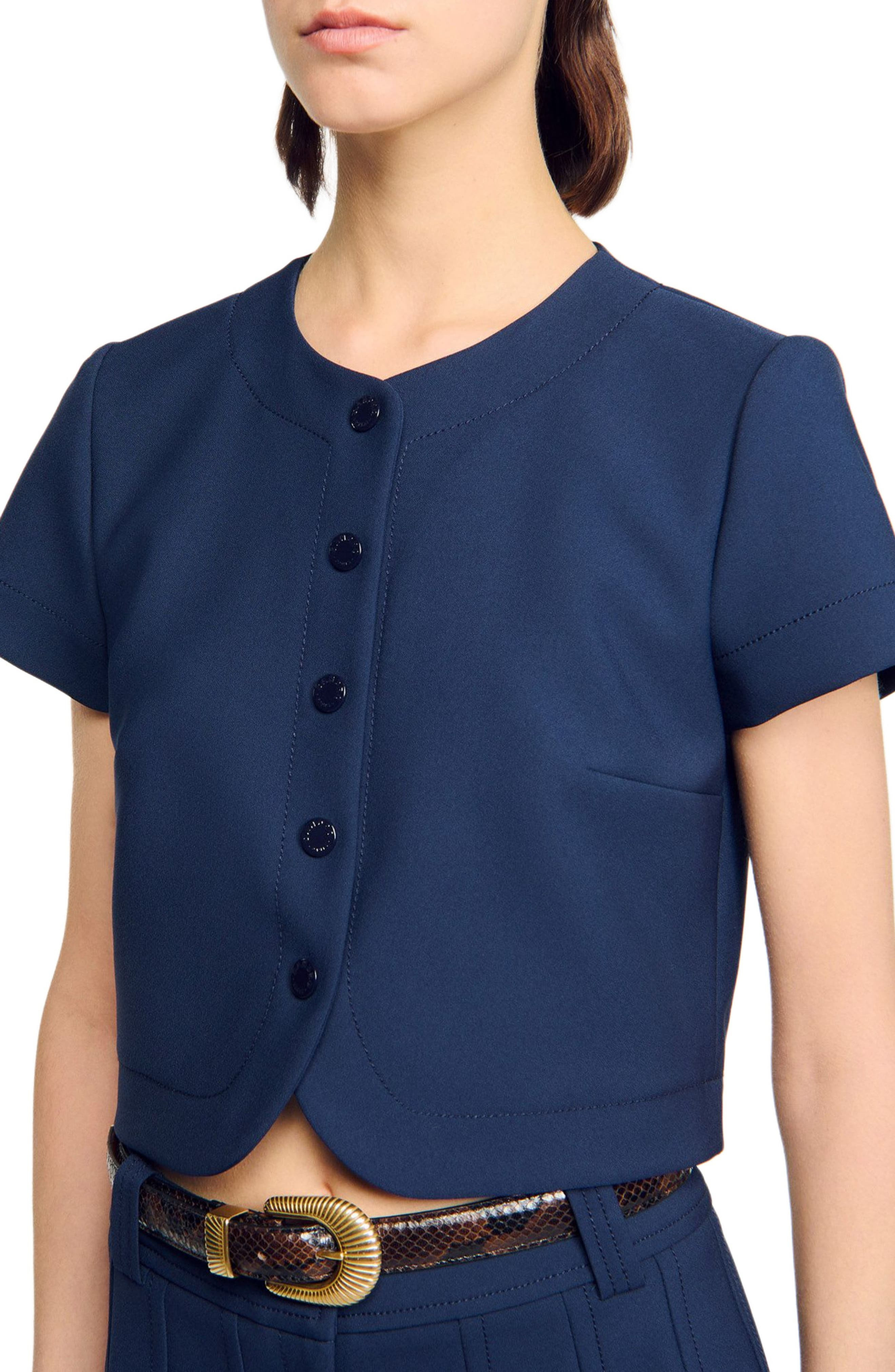 SANDRO Rounded hem buttoned crop top in Navy Blue at Nordstrom - 4