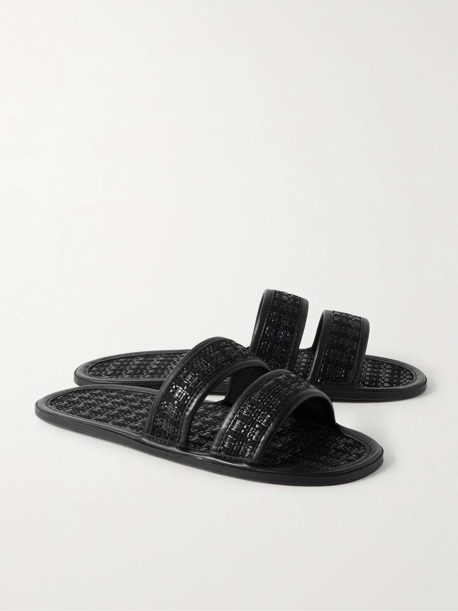 Leather-Trimmed Woven Raffia Slides - 4
