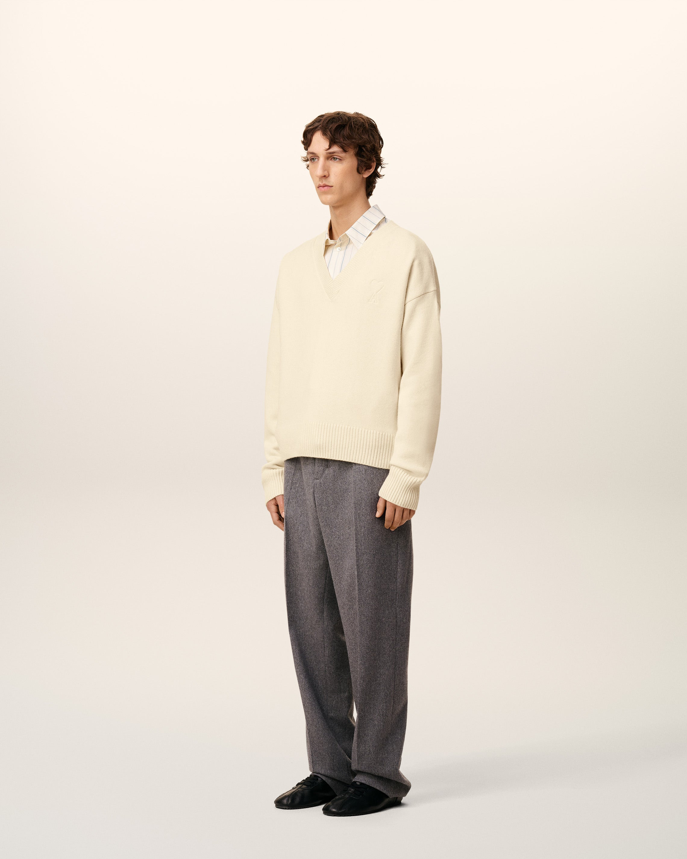 WHITE WOOL AMI DE COEUR V NECK SWEATER - 6