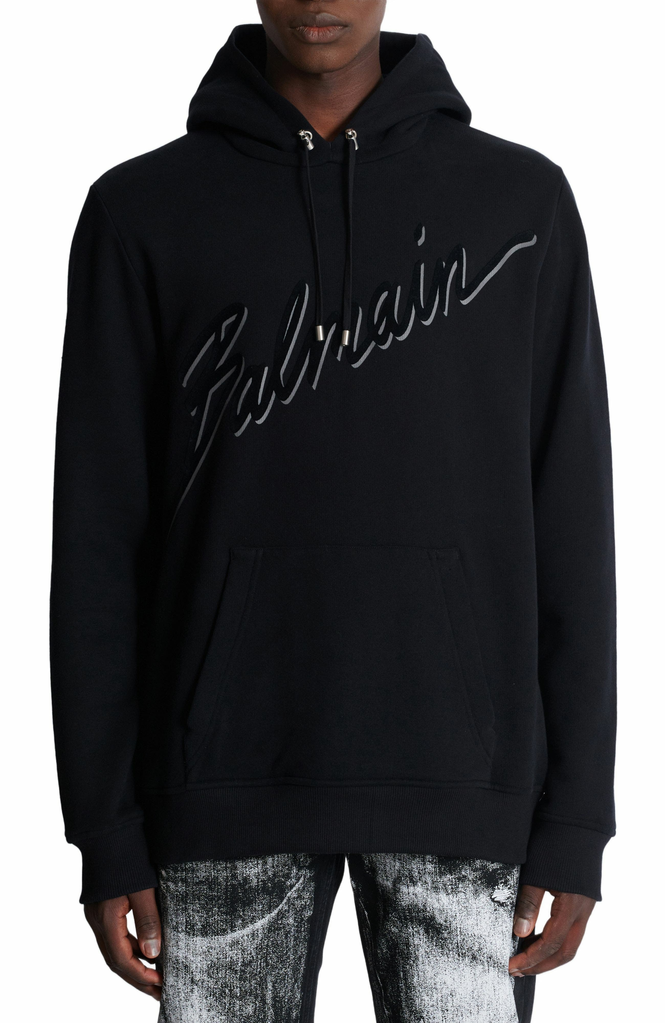Flocked Balmain Letter hoodie in Black at Nordstrom - 5