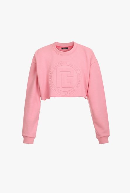 Cropped light pink sweatshirt with embossed Balmain logo - 1