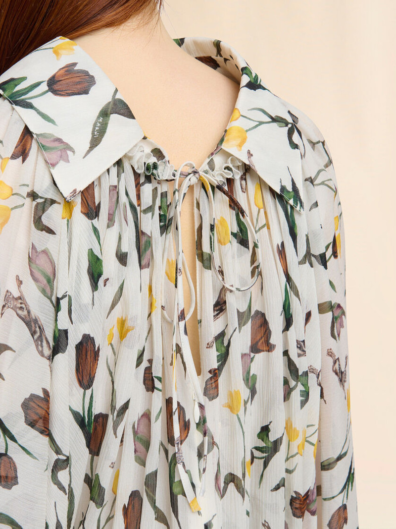 CREAM CHIFFON DRESS WITH TULIPS AND HARES PRINT 5