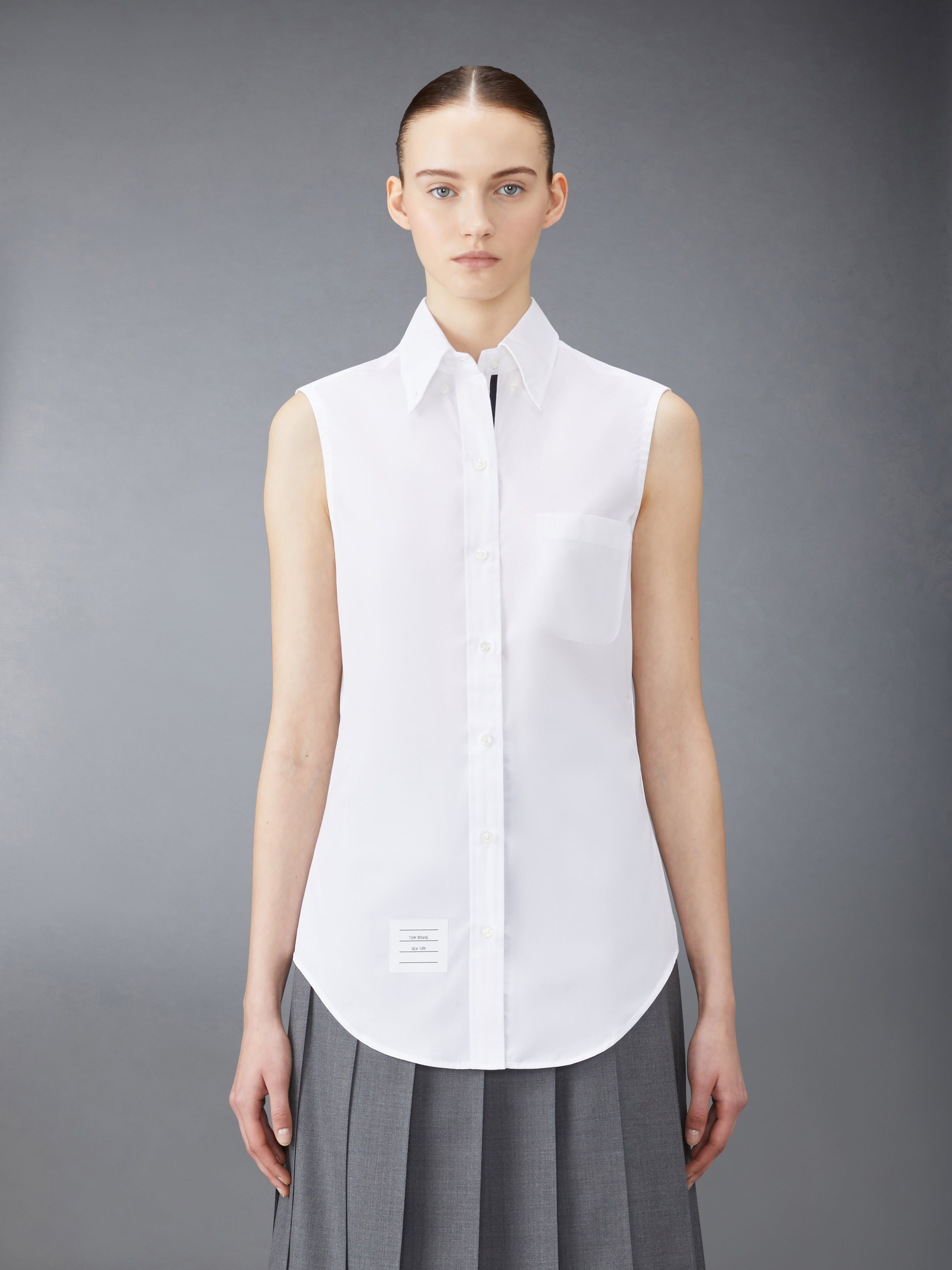 White Poplin Grosgrain Placket Sleeveless Shirt - 2
