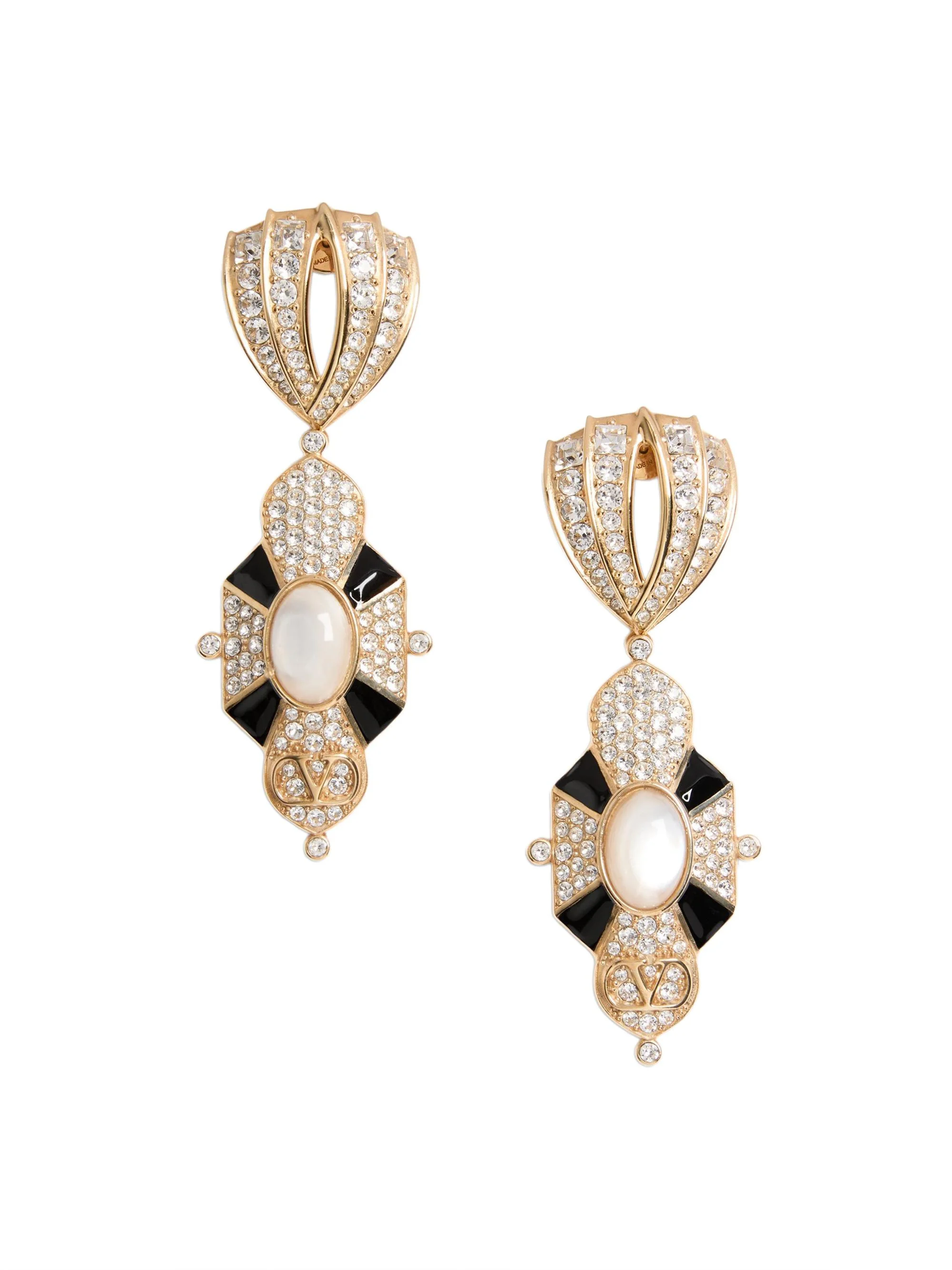 Women's Pas Plus Earrings in Metal Resin Enamel and Swarovski Crystals - Gold Black Crystal Cream - 1