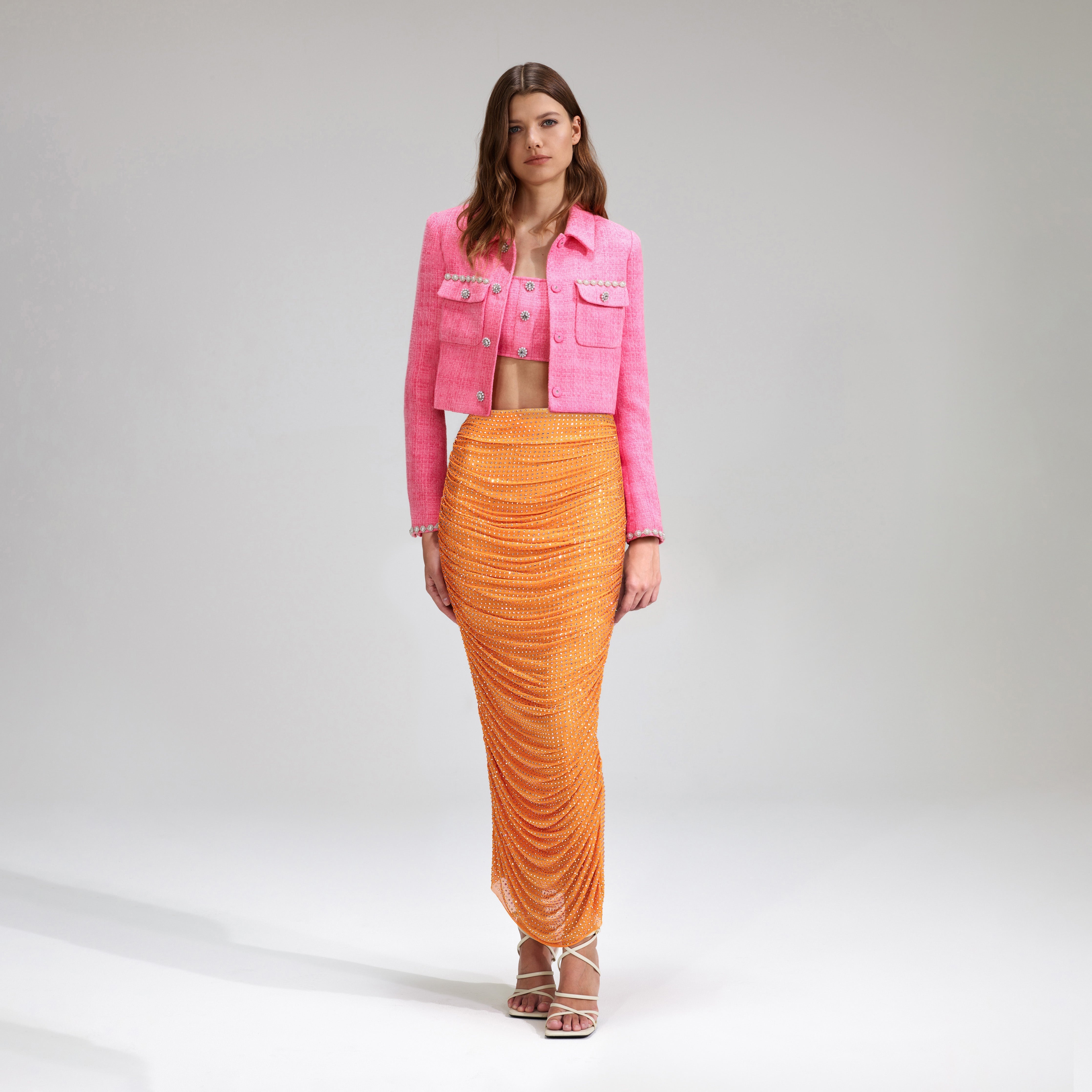 Orange Rhinestone Mesh Midi Skirt - 1